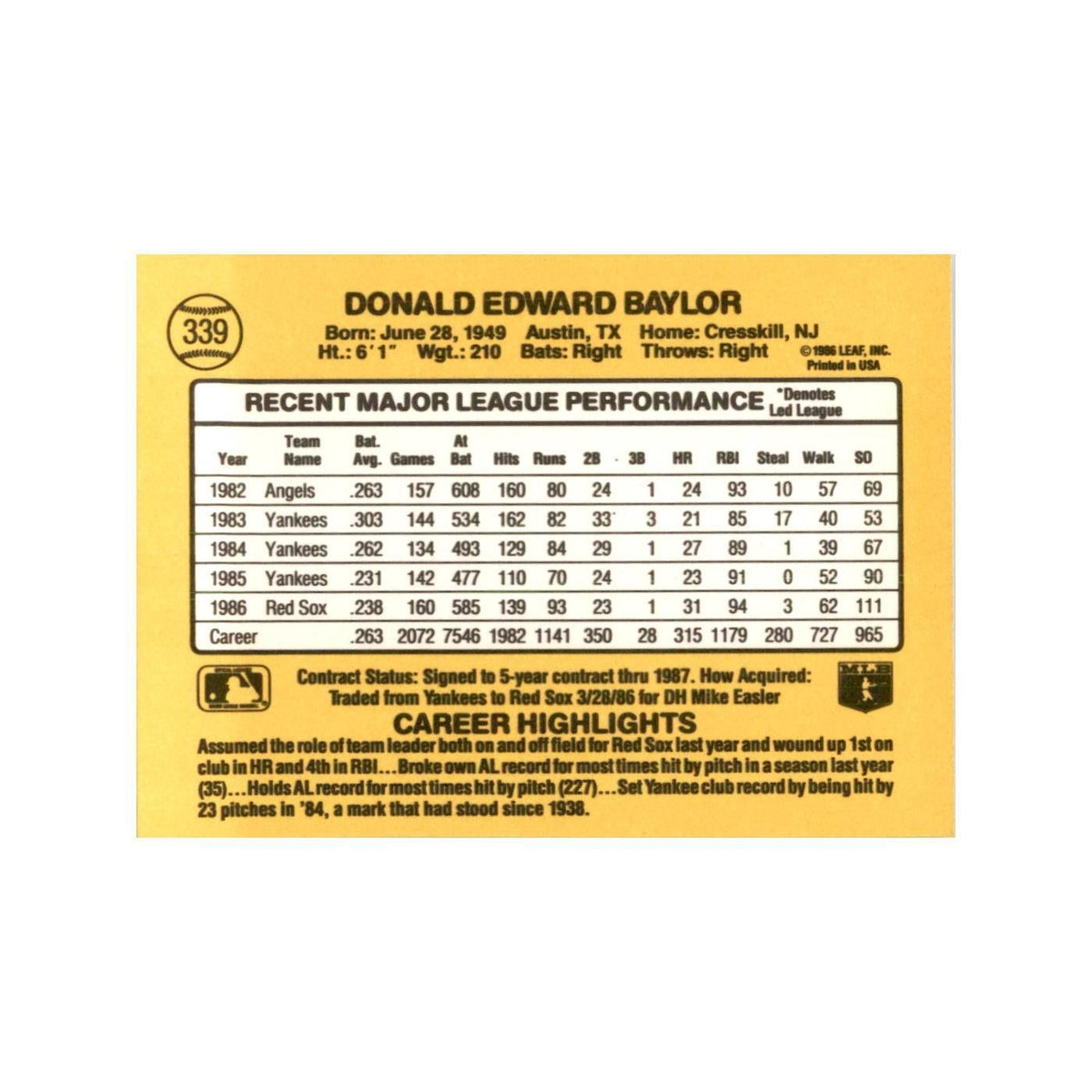 1987 Donruss Don Baylor Baseball Cards #339