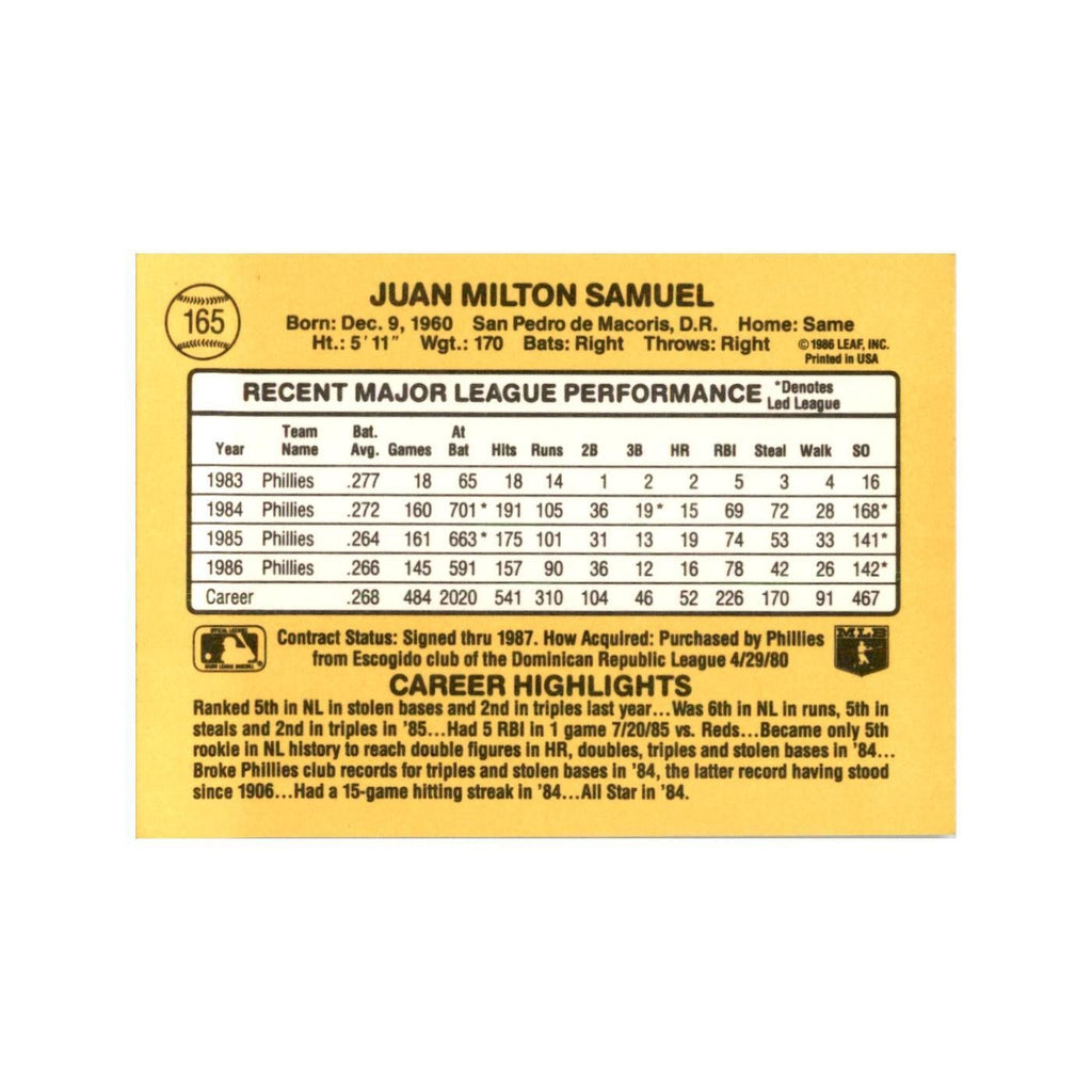 1987 Donruss Juan Samuel Baseball Cards #165