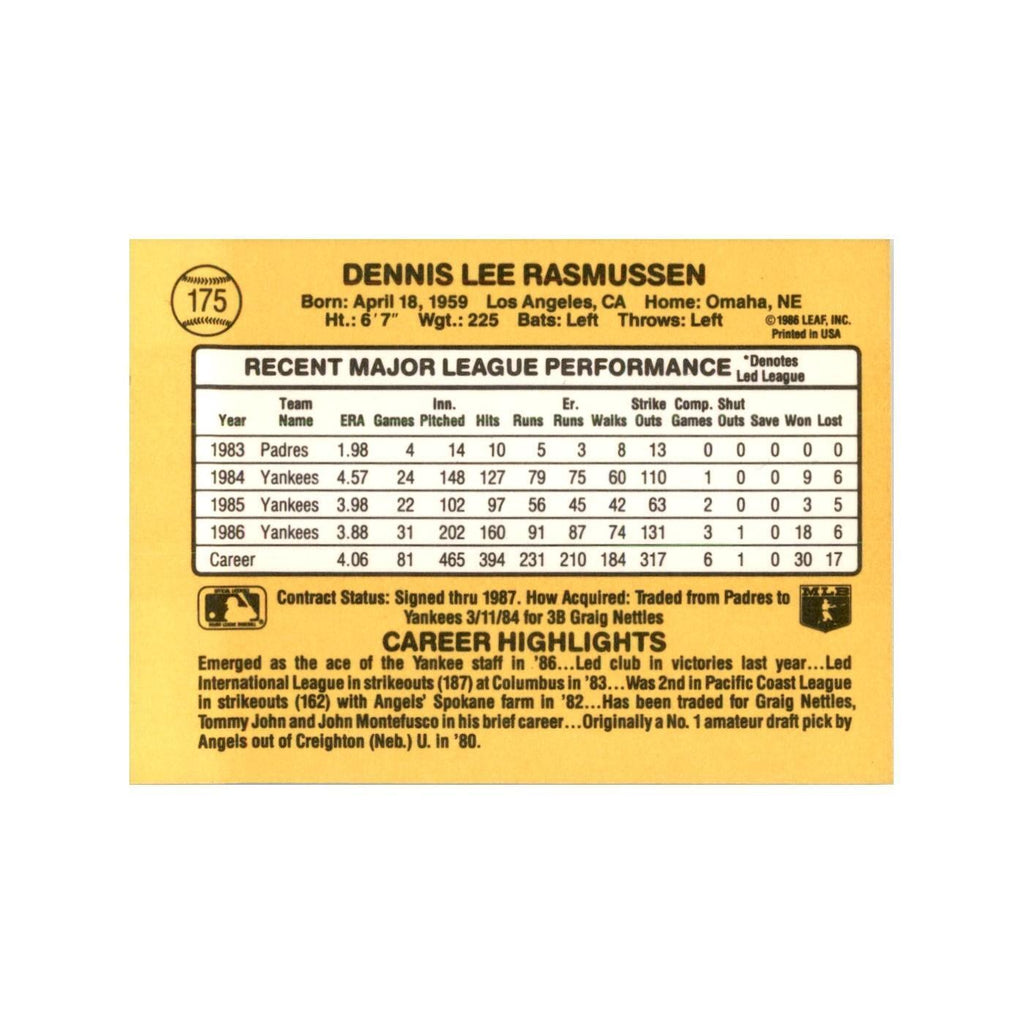 1987 Donruss Dennis Rasmussen Baseball Cards #175