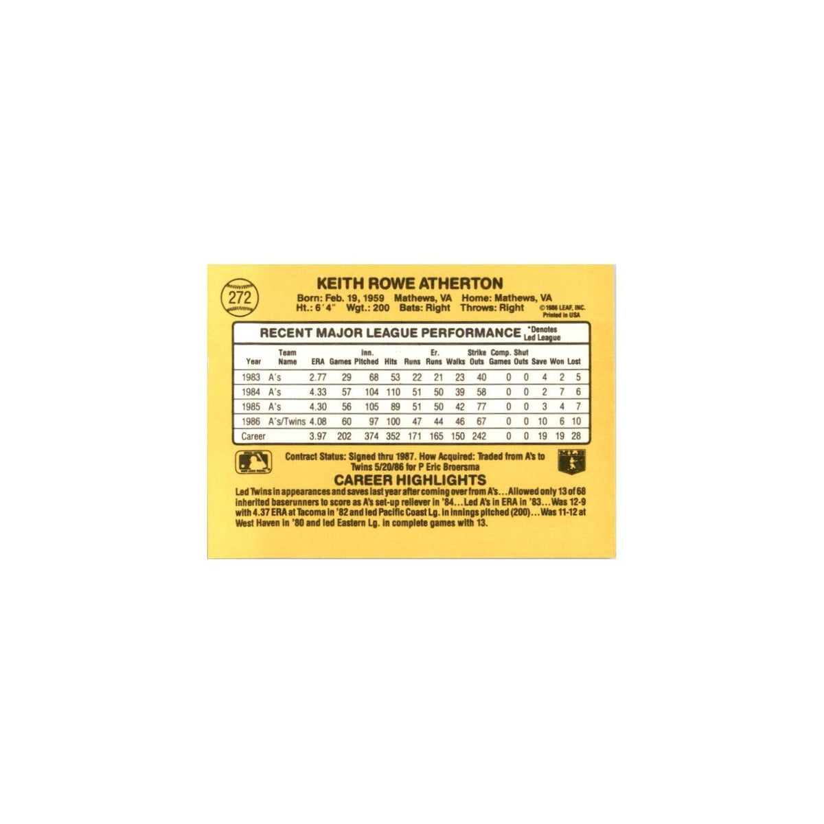 1987 Donruss Keith Atherton Baseball Cards #272
