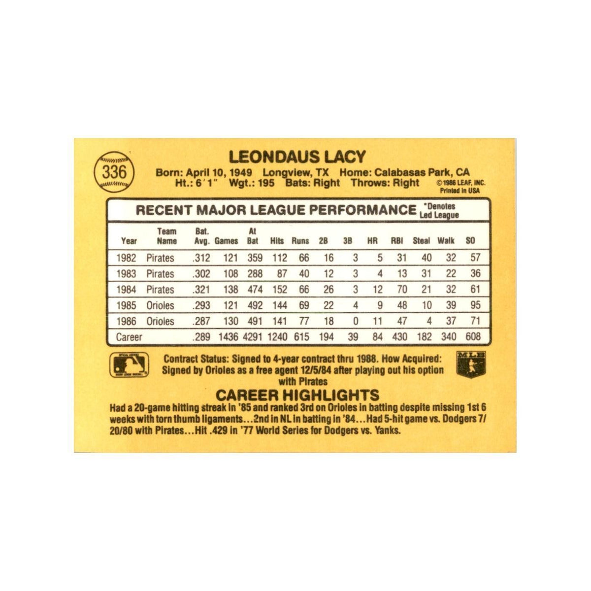 1987 Donruss Lee Lacy Baseball Cards #336