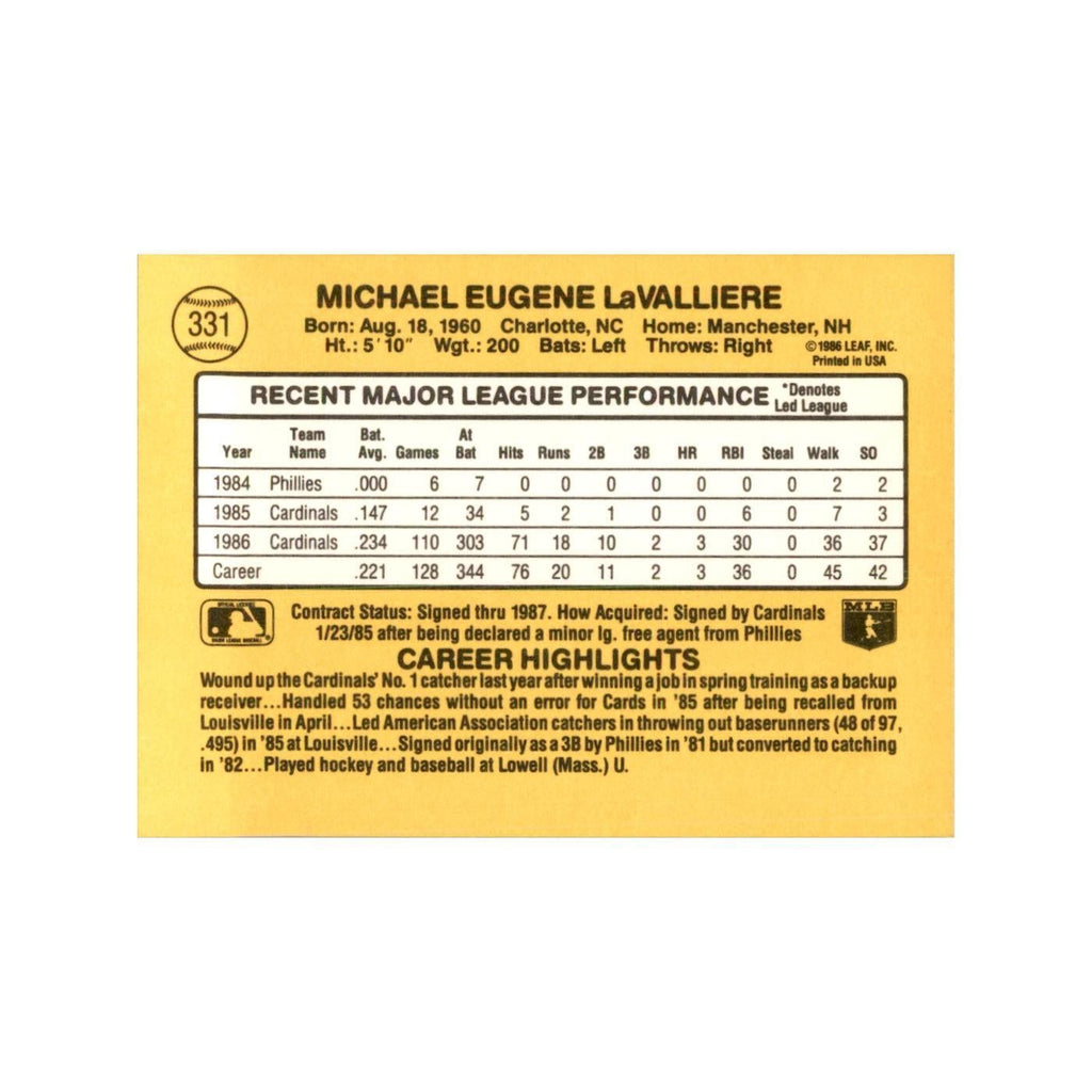 1987 Donruss Mike LaValliere Baseball Cards #331