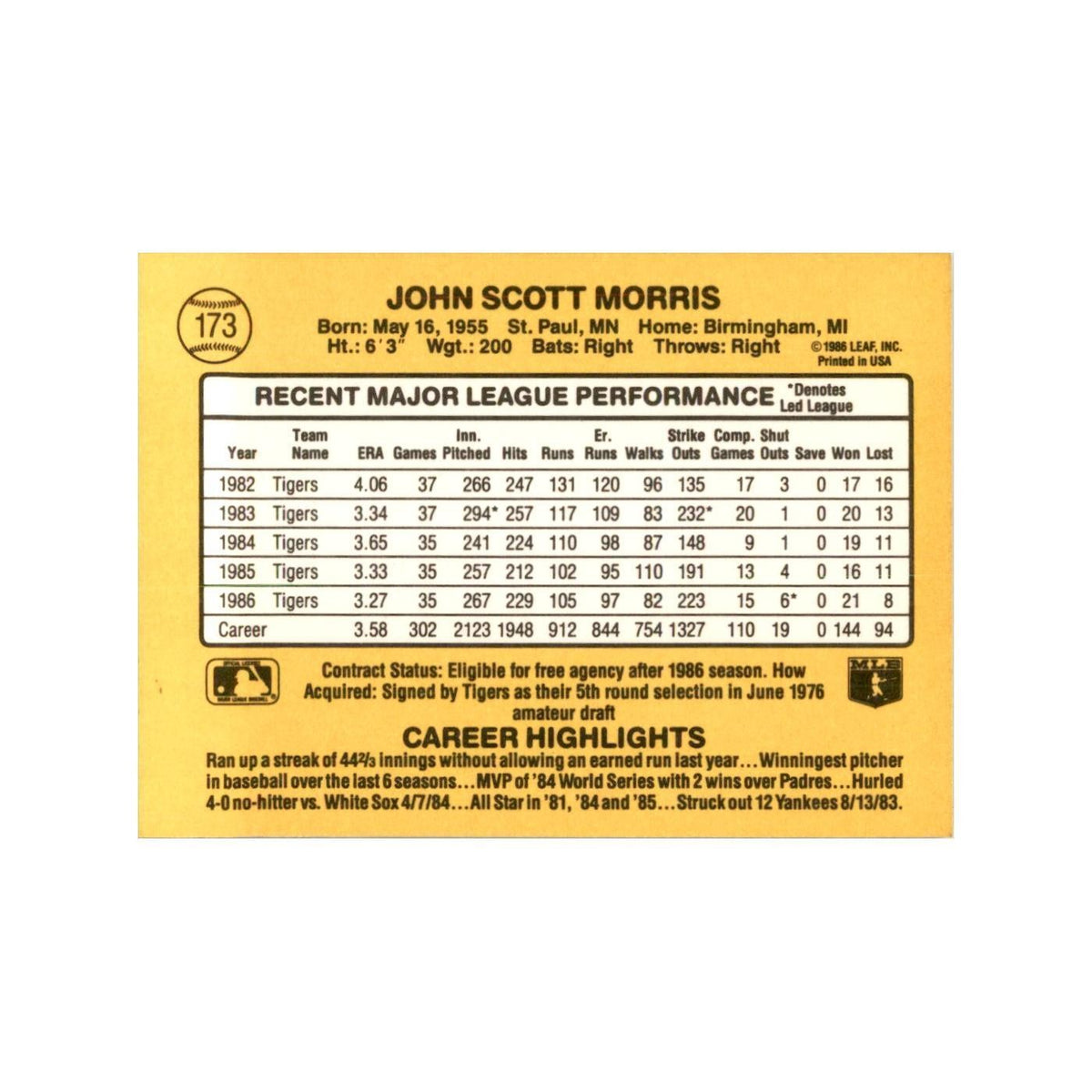 1987 Donruss Jack Morris Baseball Cards #173