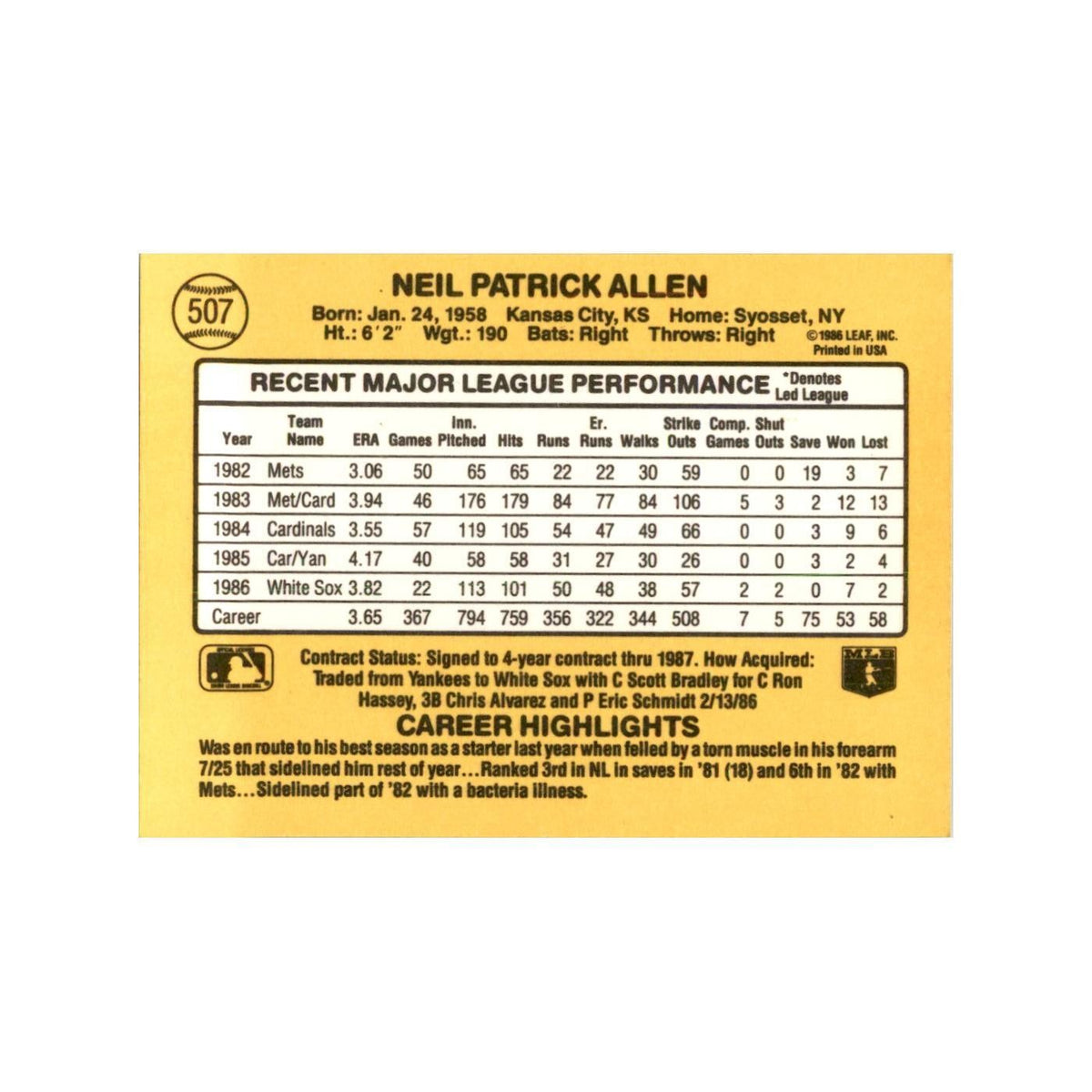 1987 Donruss Neil Allen Baseball Cards #507