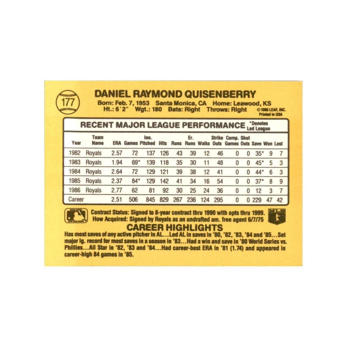 1987 Donruss Dan Quisenberry Baseball Cards #177