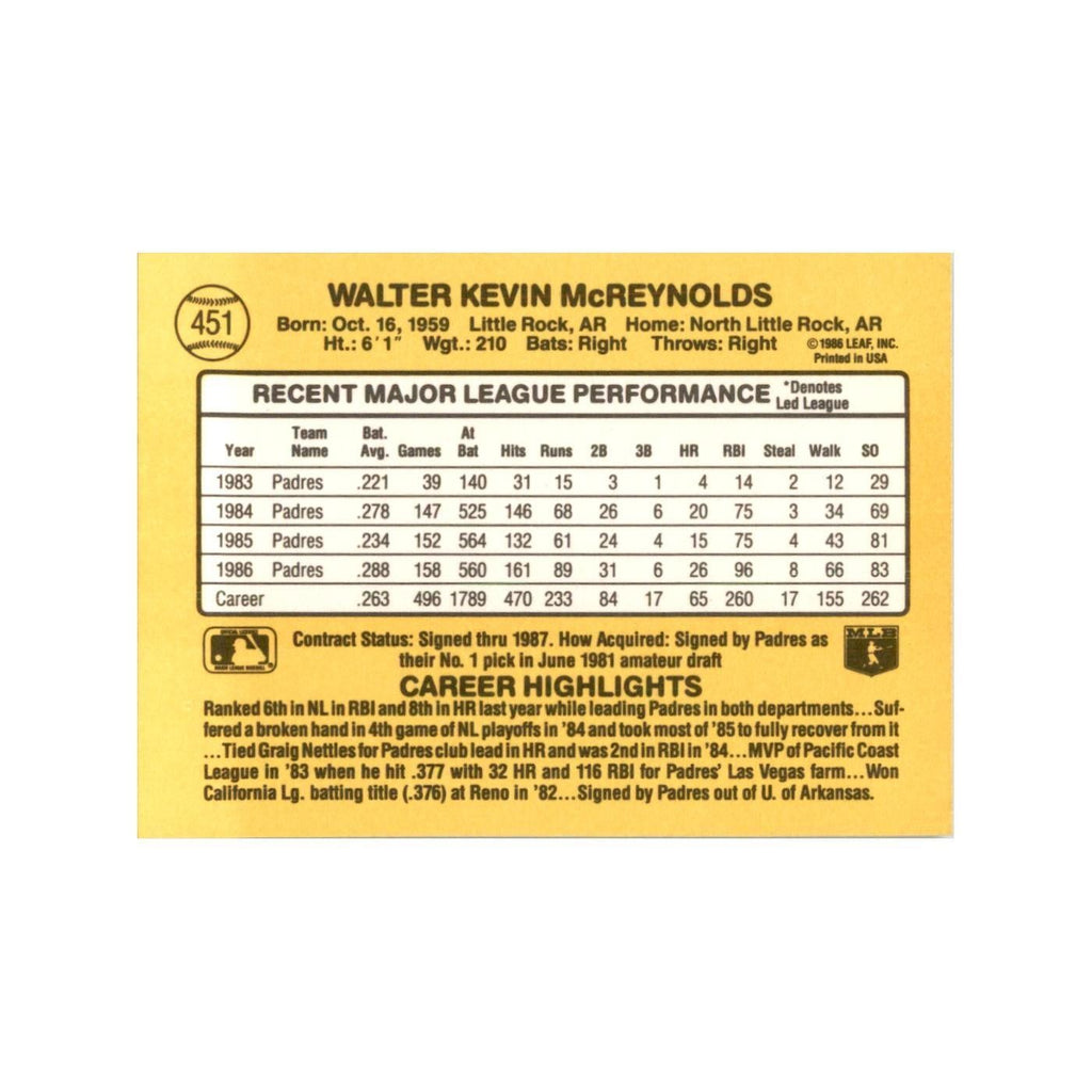 1987 Donruss Kevin McReynolds Baseball Cards #451