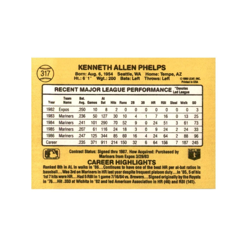 1987 Donruss Ken Phelps Baseball Cards #317