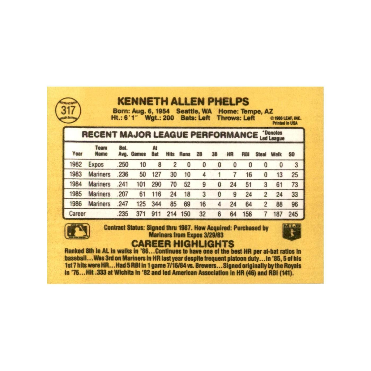1987 Donruss Ken Phelps Baseball Cards #317