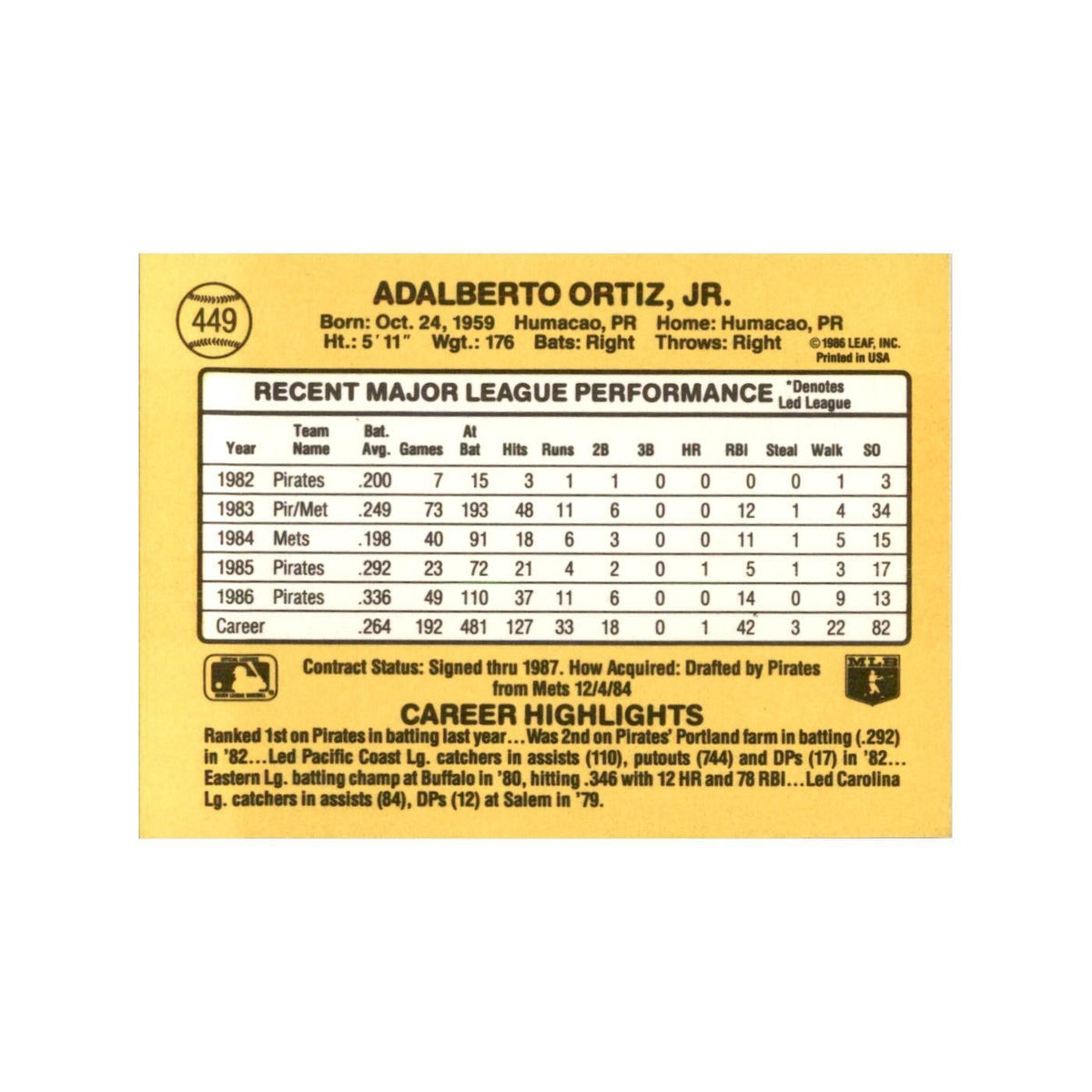 1987 Donruss Junior Ortiz Baseball Cards #449
