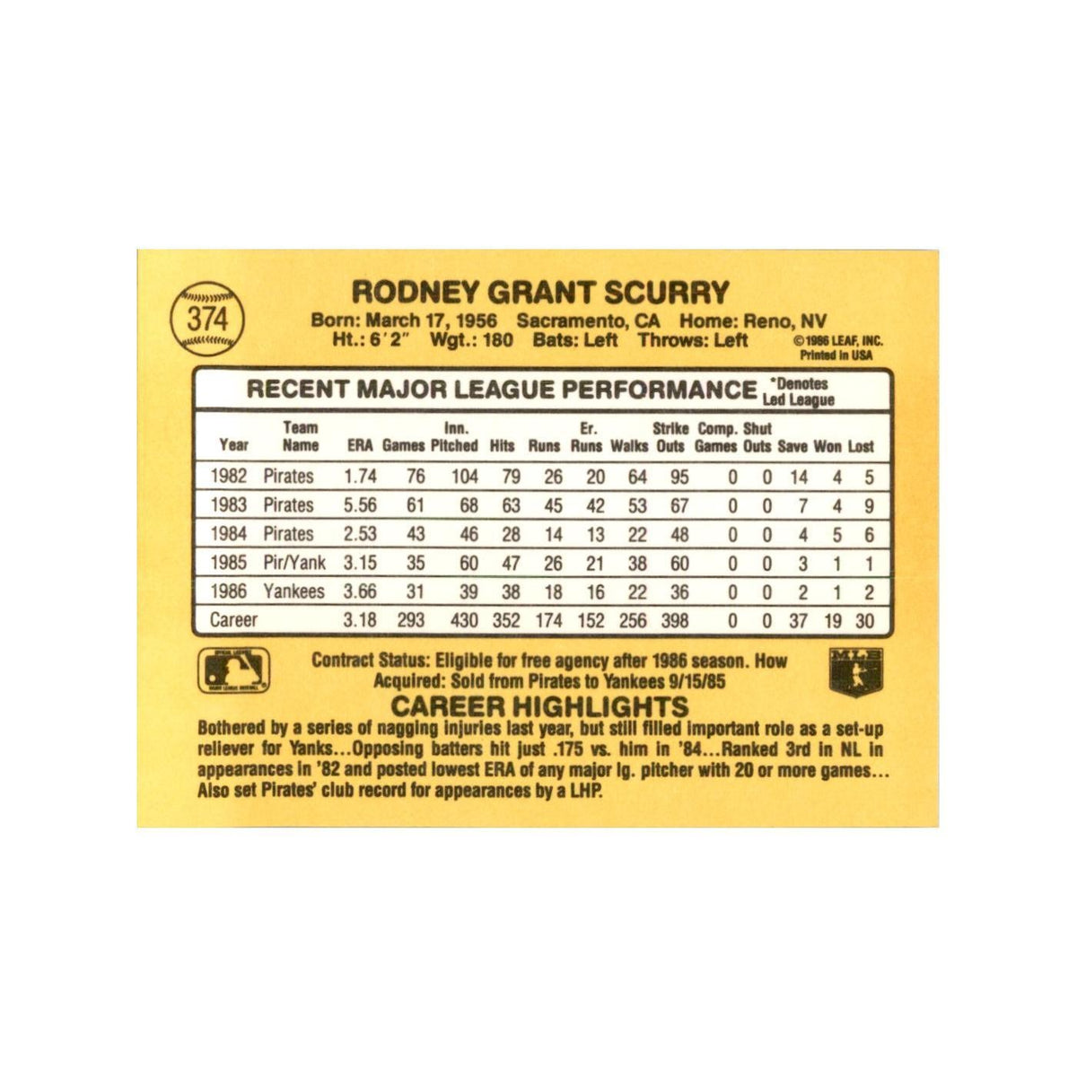 1987 Donruss Rod Scurry Baseball Cards #374