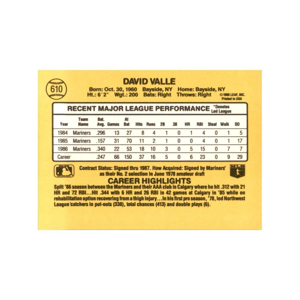 1987 Donruss Dave Valle Baseball Cards #610