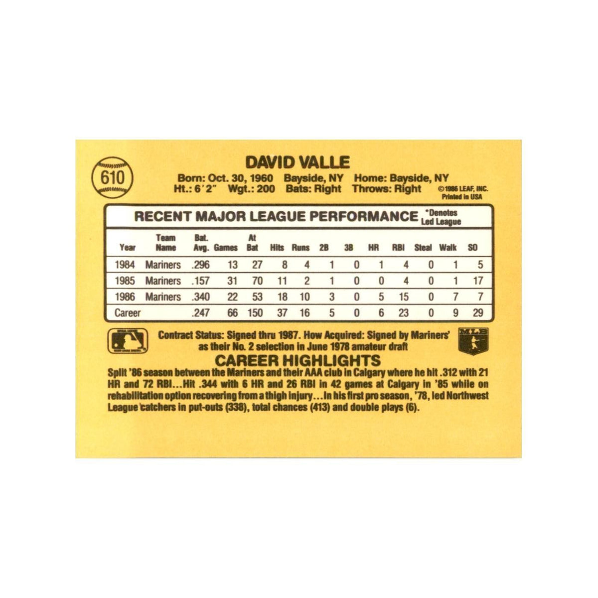 1987 Donruss Dave Valle Baseball Cards #610