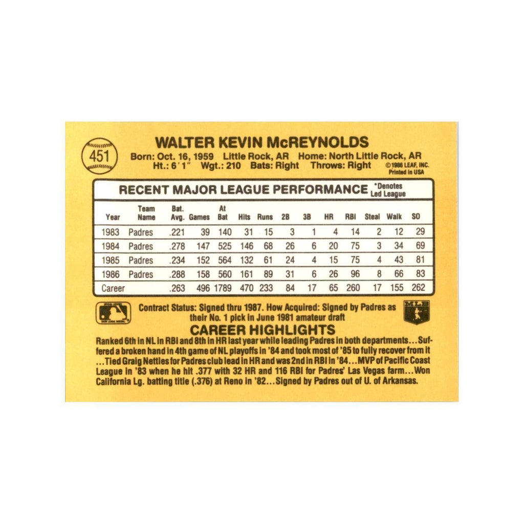 1987 Donruss Kevin McReynolds Baseball Cards #451