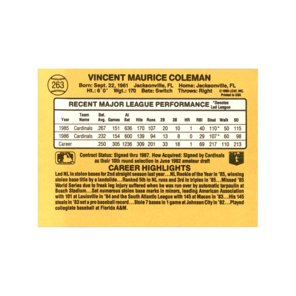 1987 Donruss Vince Coleman Baseball Cards #263
