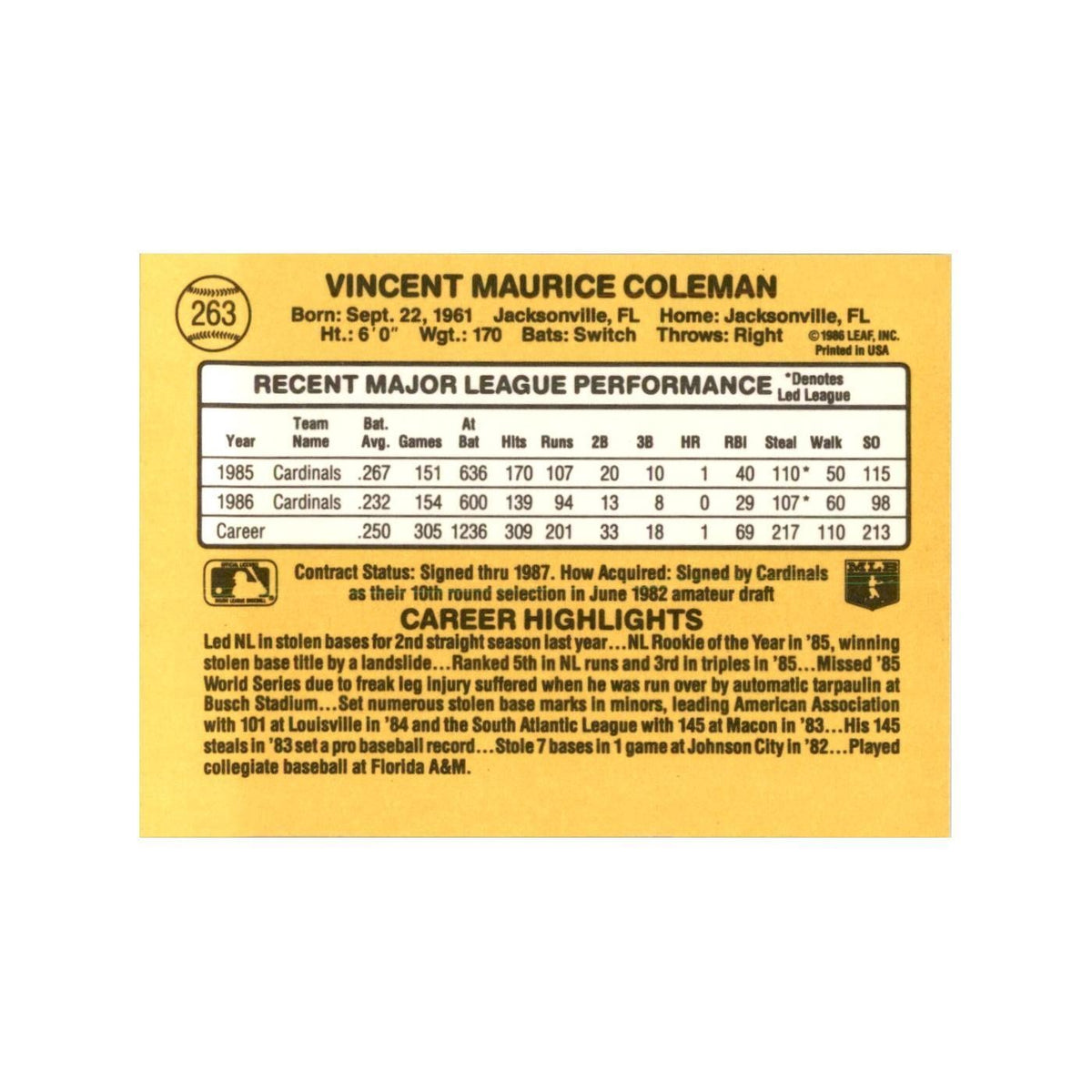 1987 Donruss Vince Coleman Baseball Cards #263