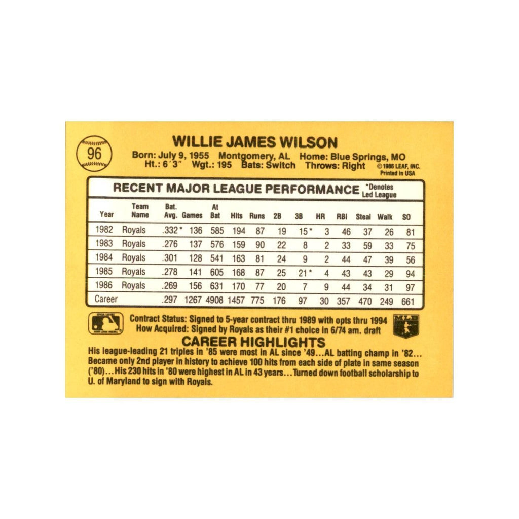 1987 Donruss Willie Wilson Baseball Cards #96