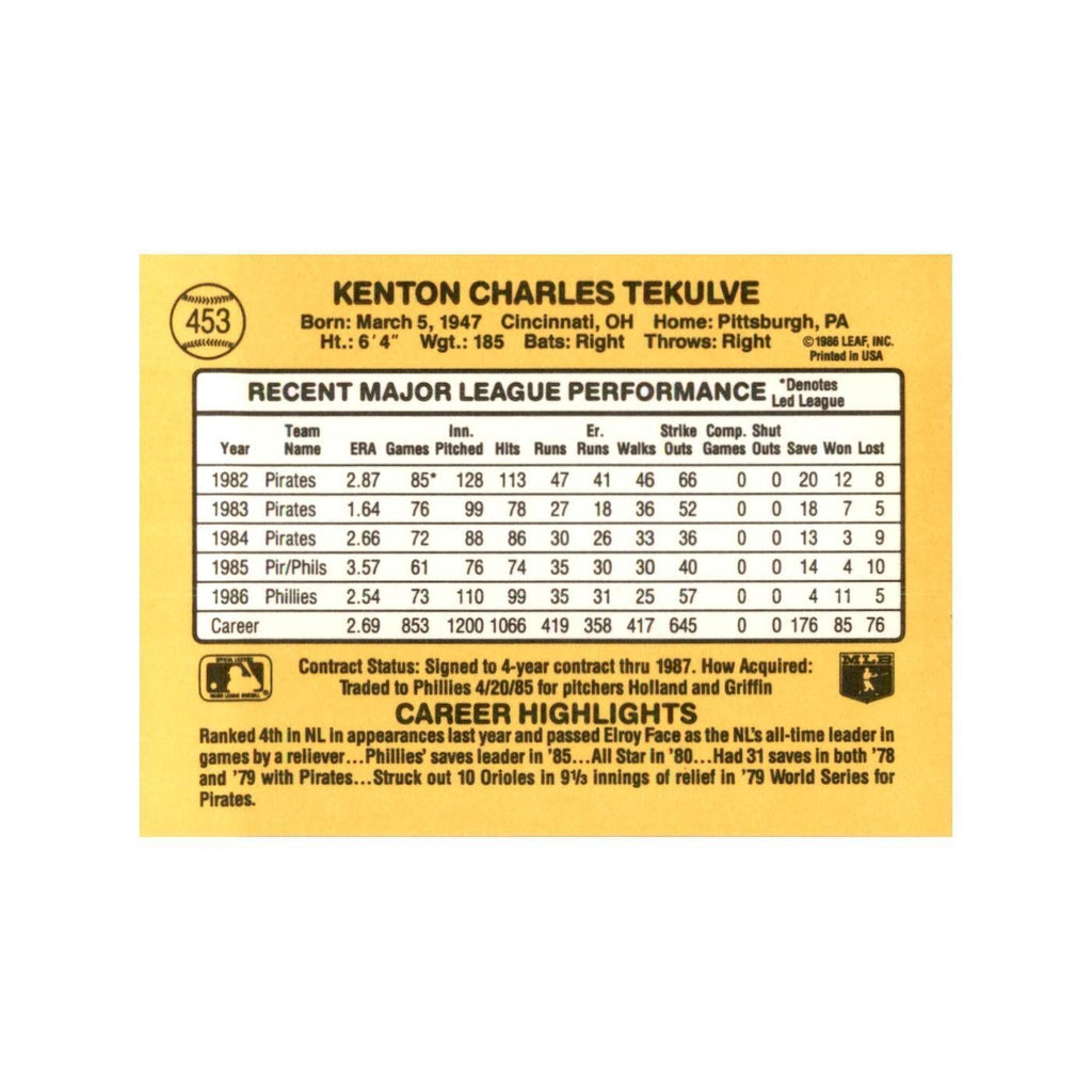 1987 Donruss Kent Tekulve Baseball Cards #453