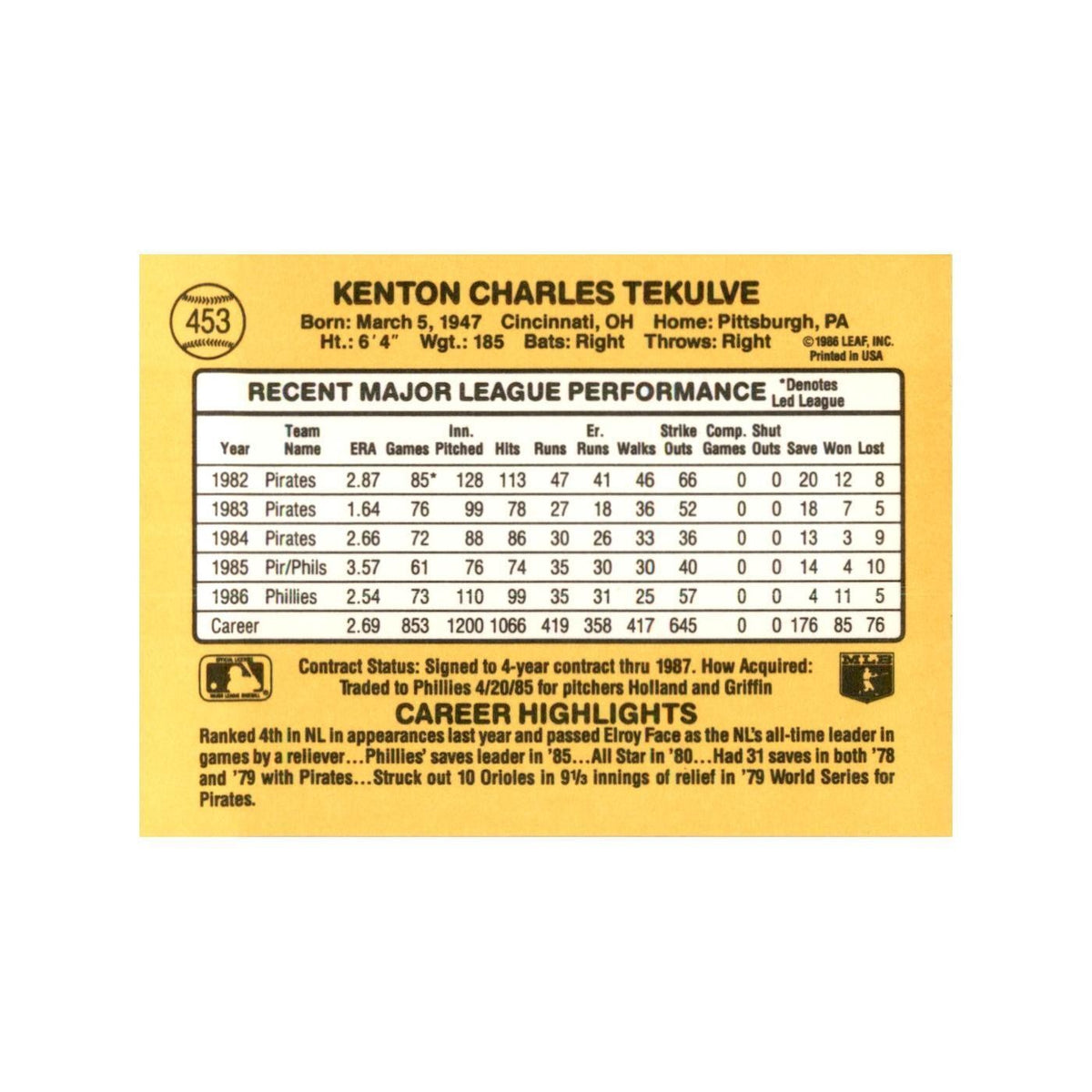 1987 Donruss Kent Tekulve Baseball Cards #453