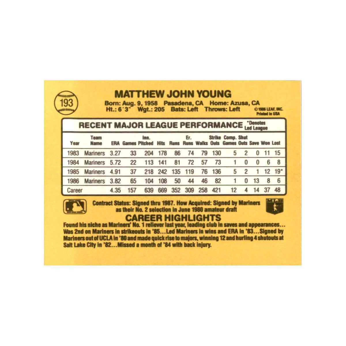 1987 Donruss Matt Young Baseball Cards #193