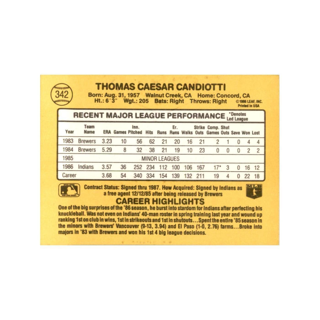 1987 Donruss Tom Candiotti Baseball Cards #342