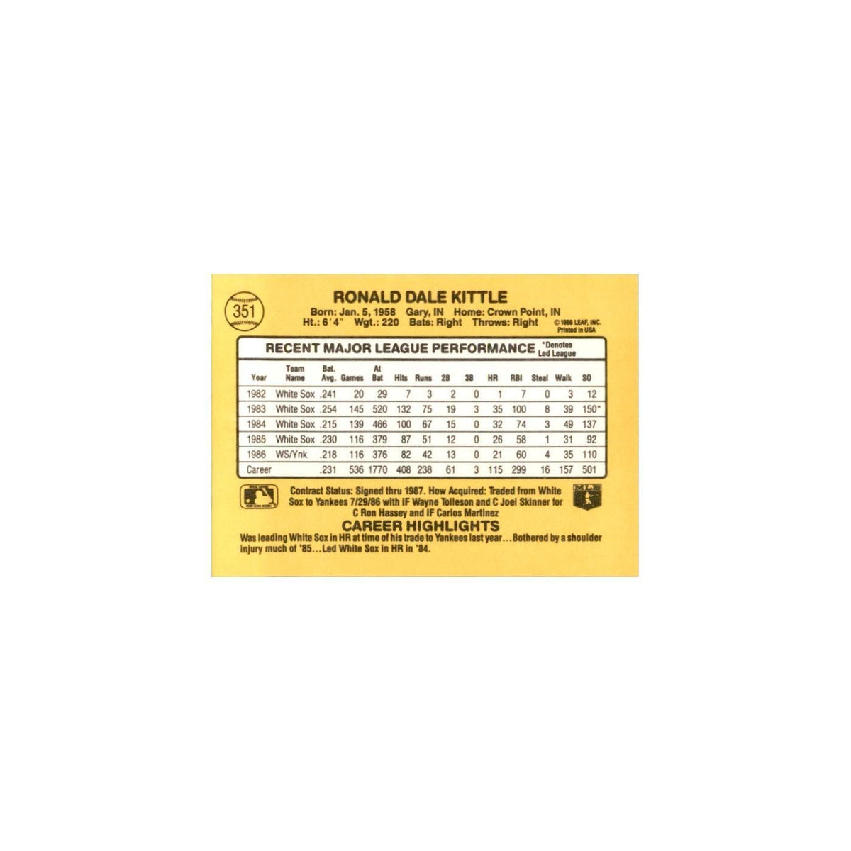 1987 Donruss Ron Kittle Baseball Cards #351