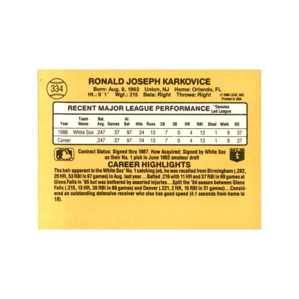 1987 Donruss Ron Karkovice Baseball Cards #334