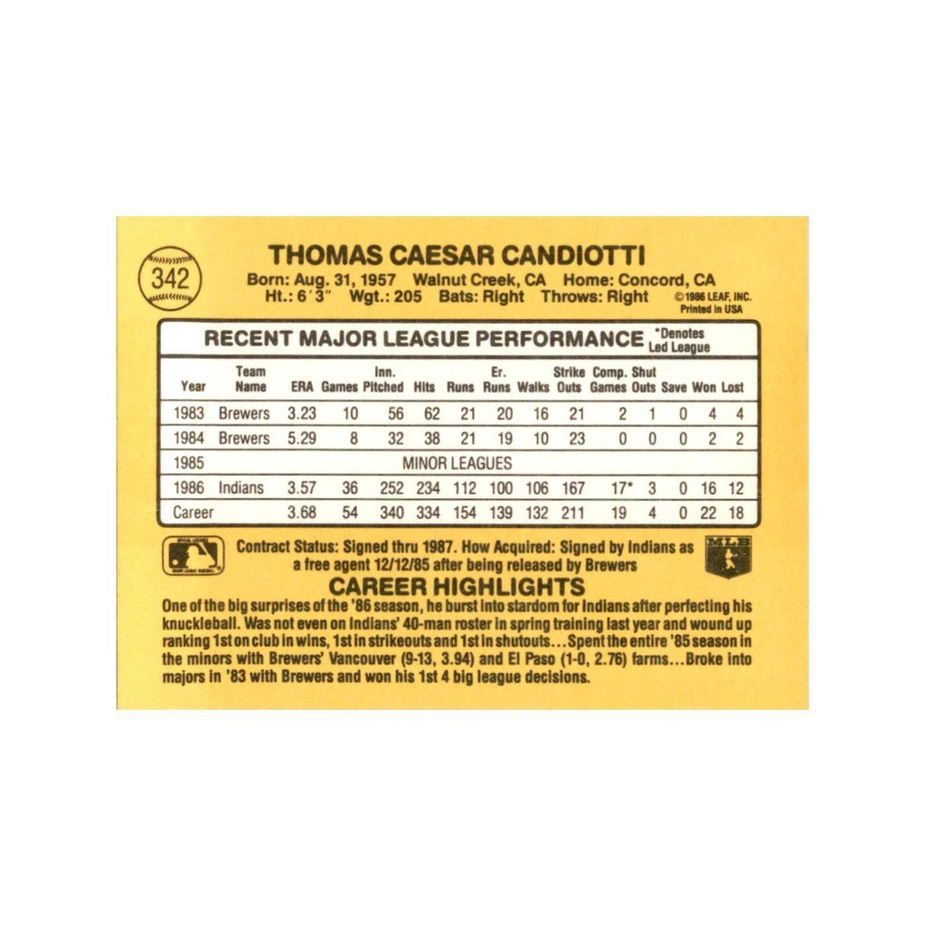1987 Donruss Tom Candiotti Baseball Cards #342