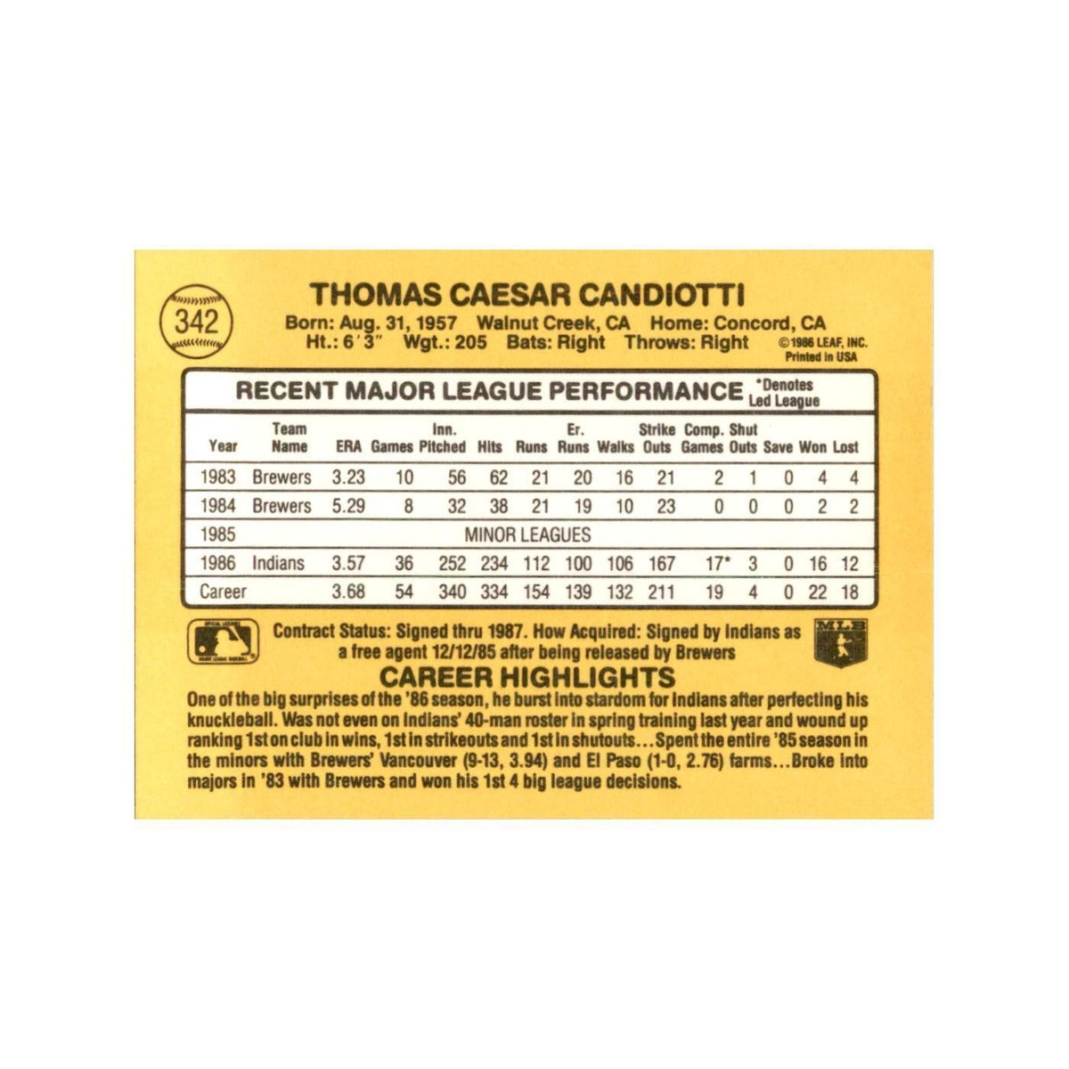 1987 Donruss Tom Candiotti Baseball Cards #342