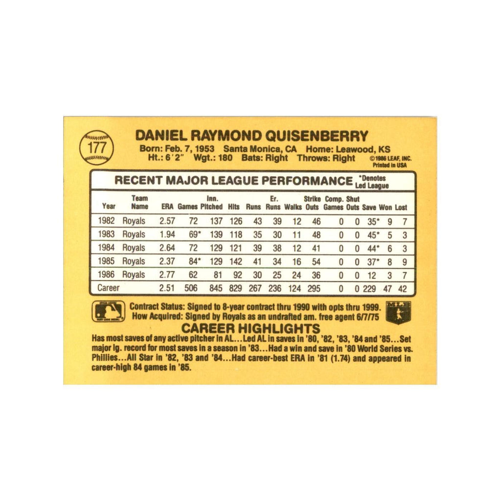 1987 Donruss Dan Quisenberry Baseball Cards #177
