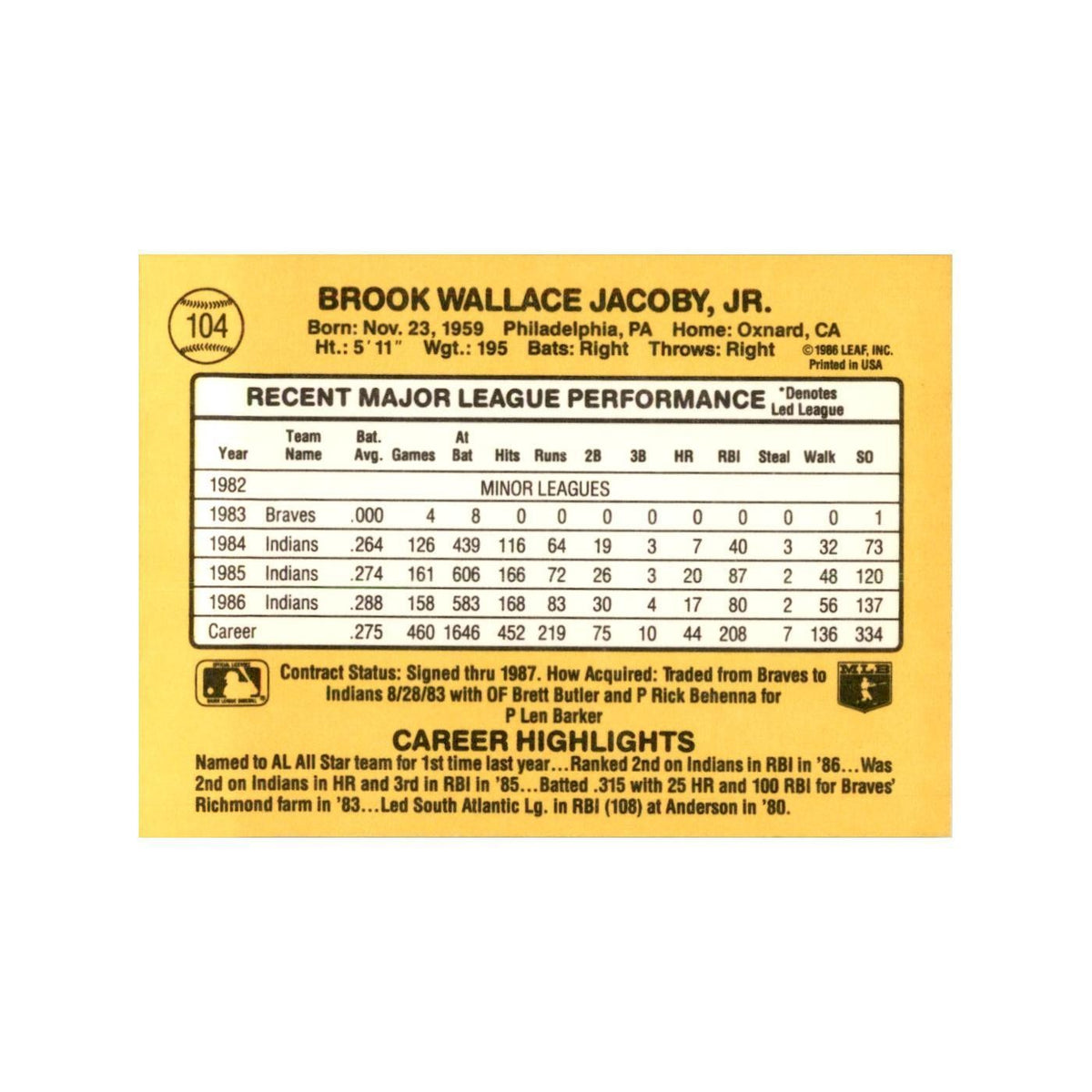 1987 Donruss Brook Jacoby Baseball Cards #104