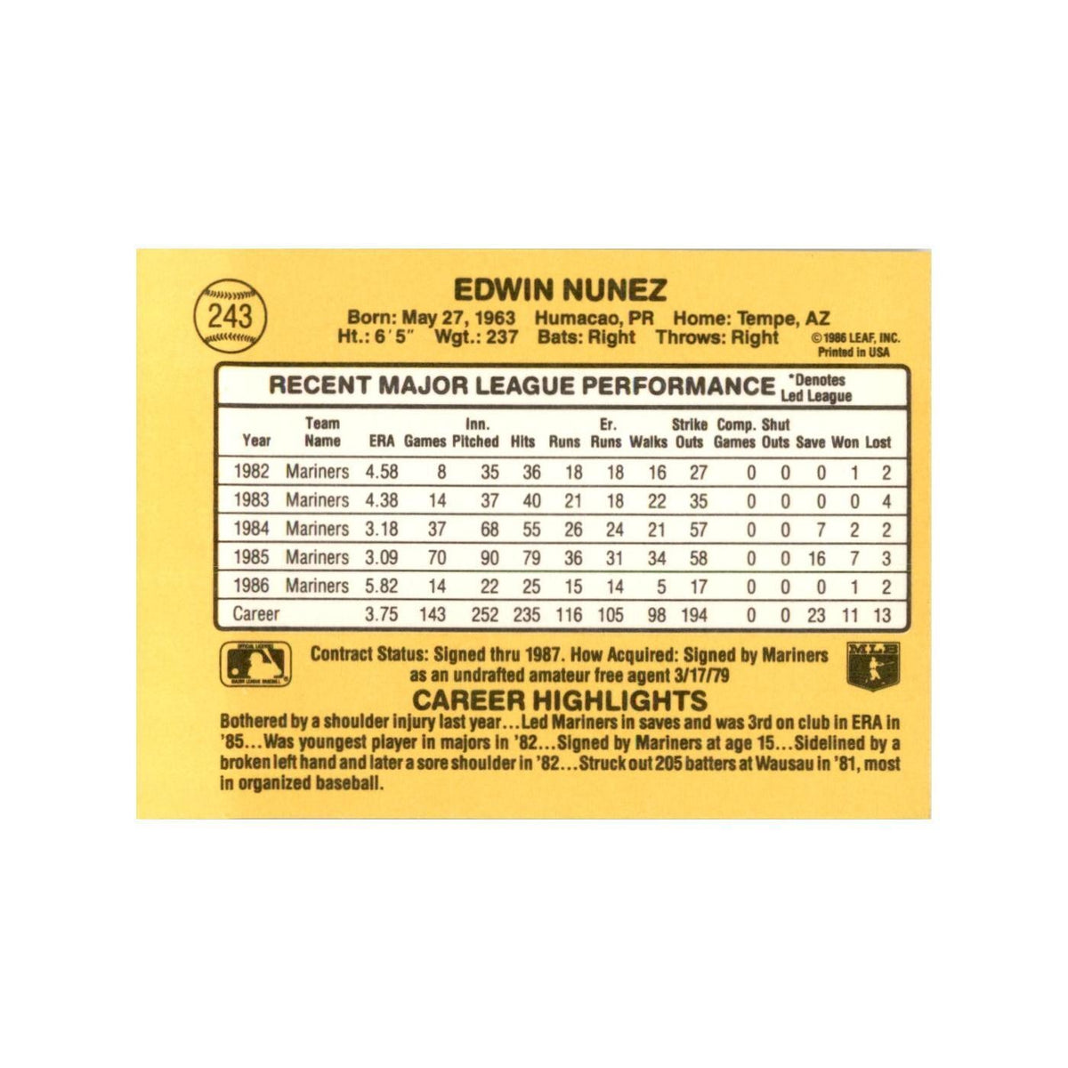 1987 Donruss Ed Nunez Baseball Cards #243
