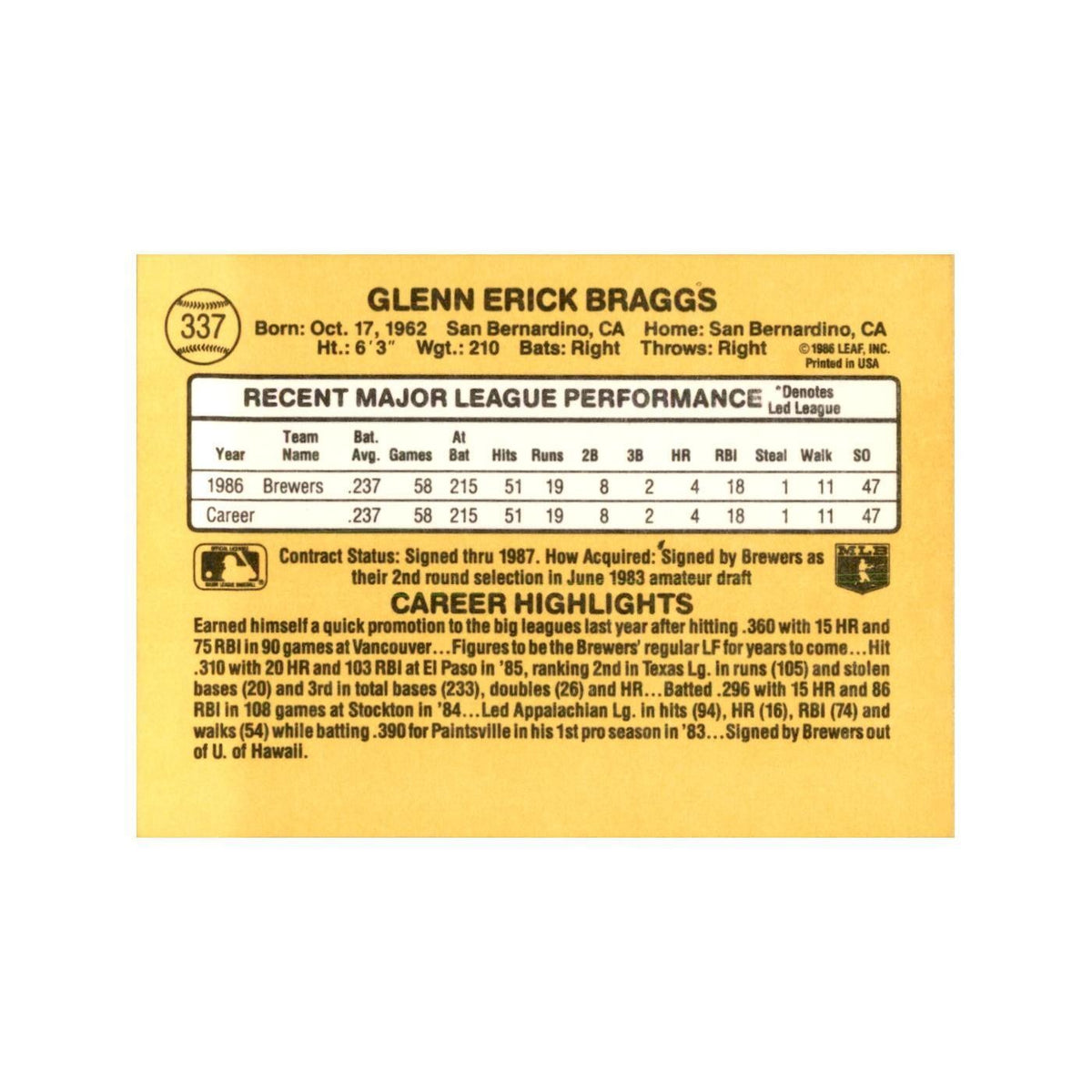 1987 Donruss Glenn Braggs Baseball Cards #337
