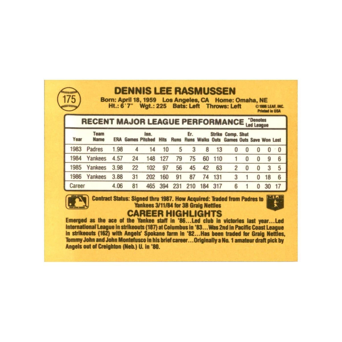 1987 Donruss Dennis Rasmussen Baseball Cards #175
