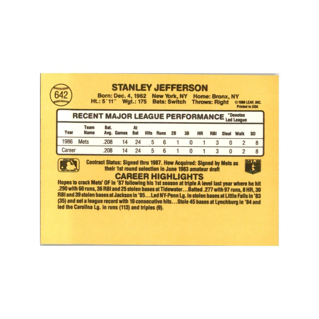 1987 Donruss Stan Jefferson Baseball Cards #642