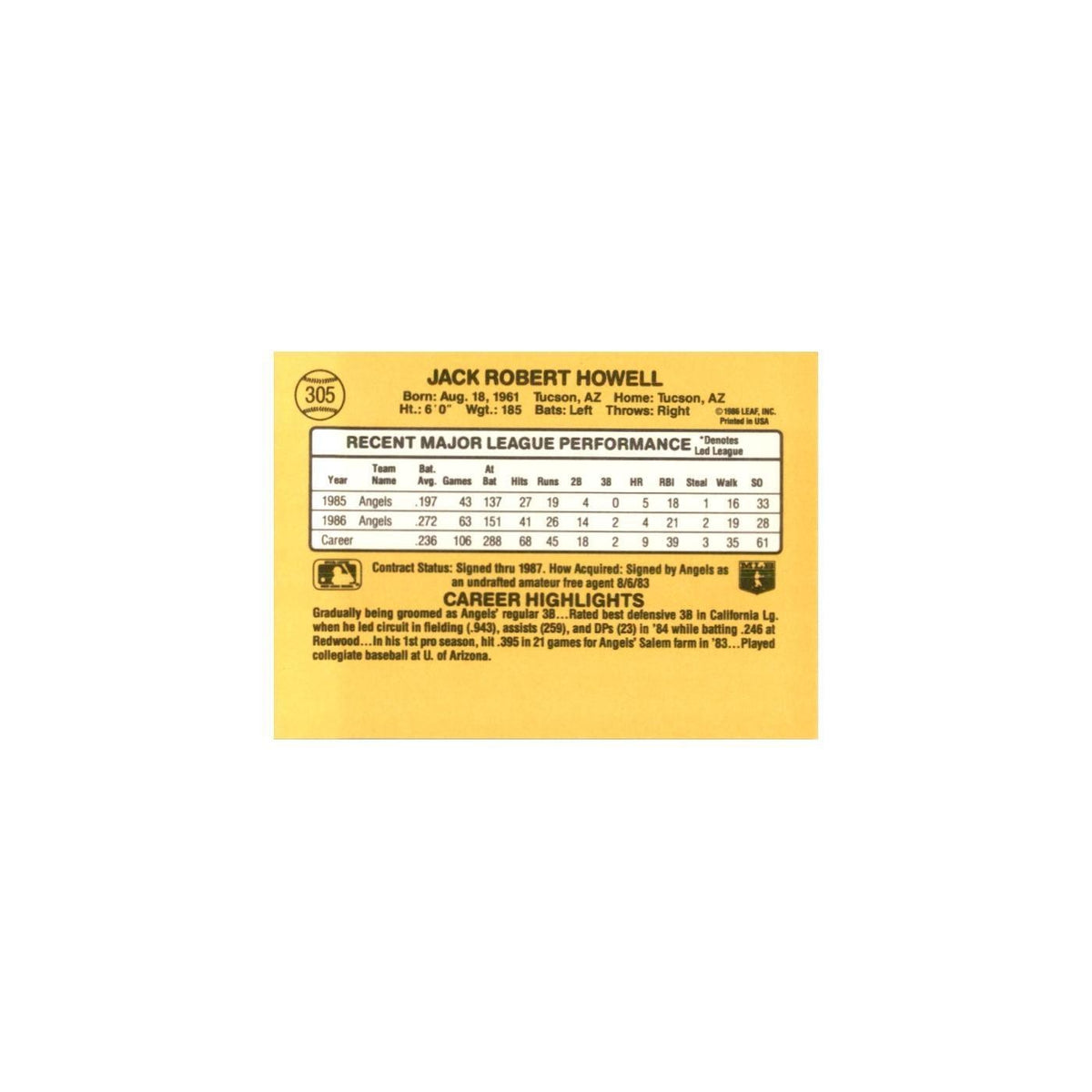 1987 Donruss Jack Howell Baseball Cards #305