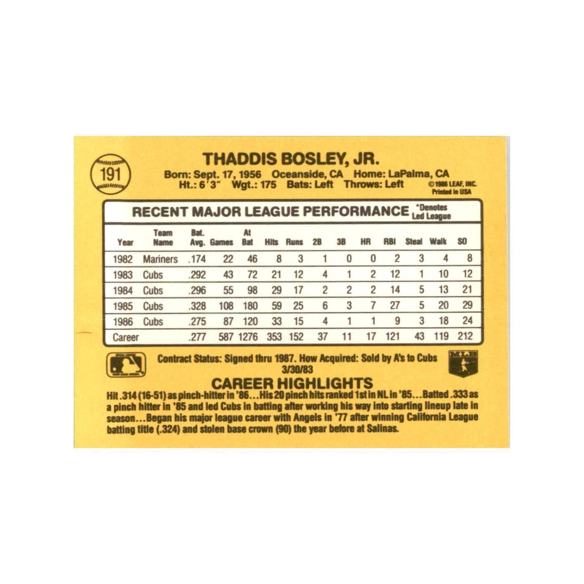 1987 Donruss Thad Bosley Baseball Cards #191