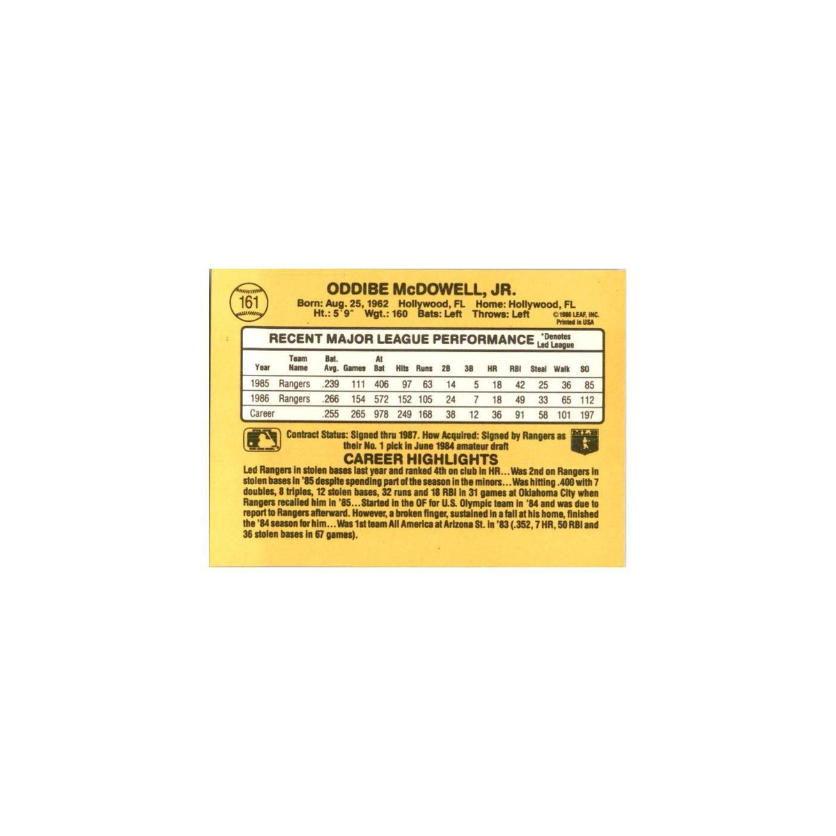 1987 Donruss Oddibe McDowell Baseball Cards #161