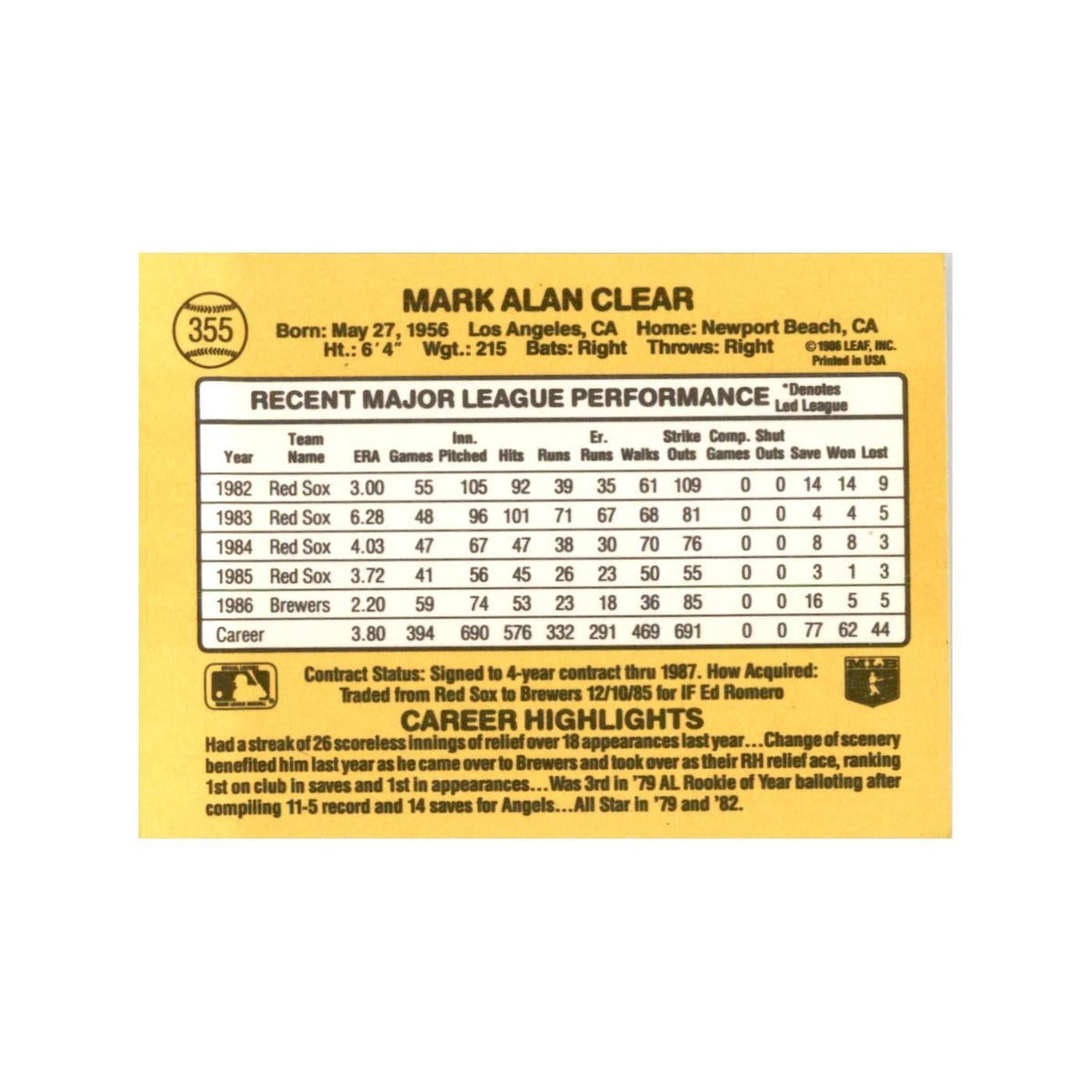 1987 Donruss Mark Clear Baseball Cards #355