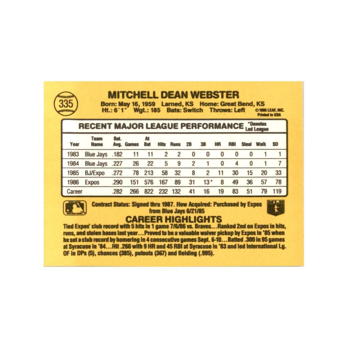 1987 Donruss Mitch Webster Baseball Cards #335