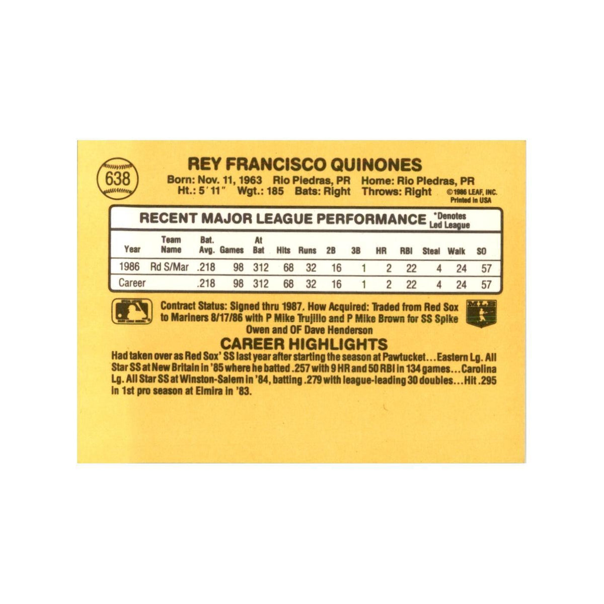 1987 Donruss Rey Quinones Baseball Cards #638