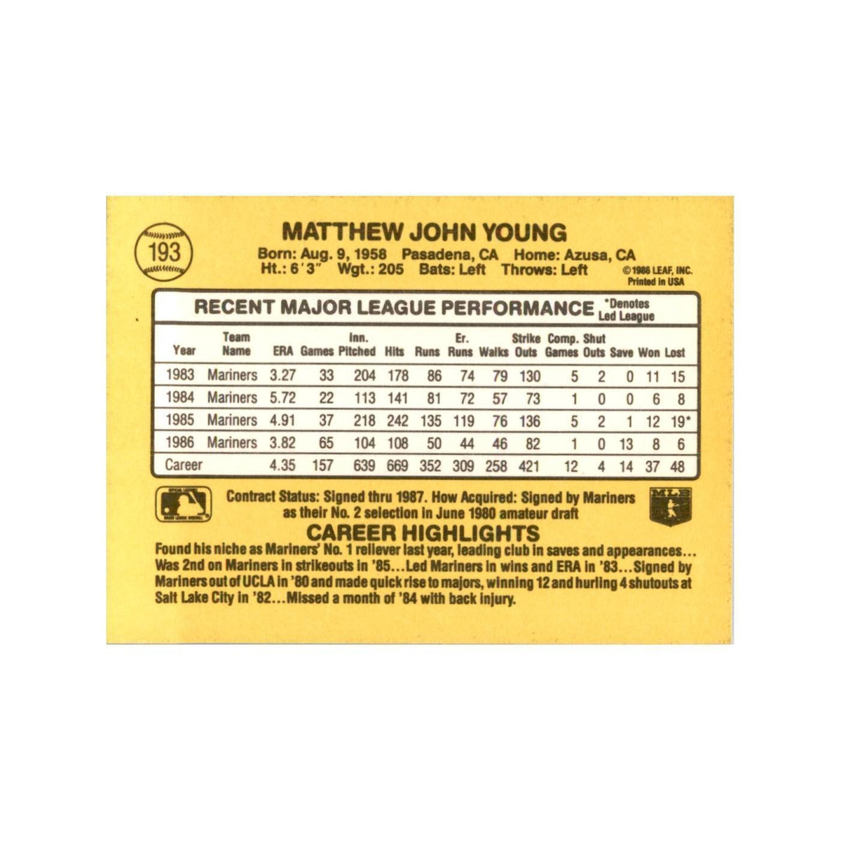1987 Donruss Matt Young Baseball Cards #193