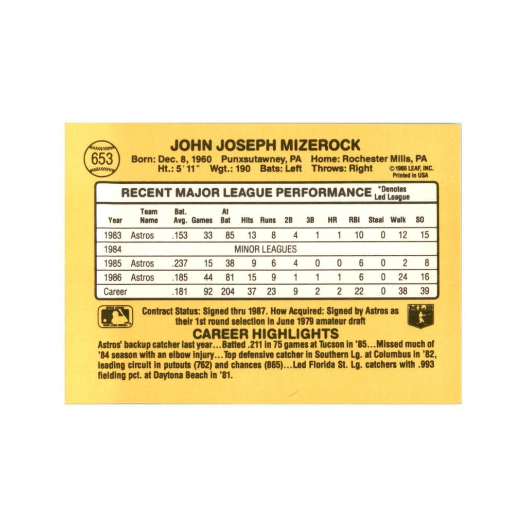 1987 Donruss John Mizerock Baseball Cards #653