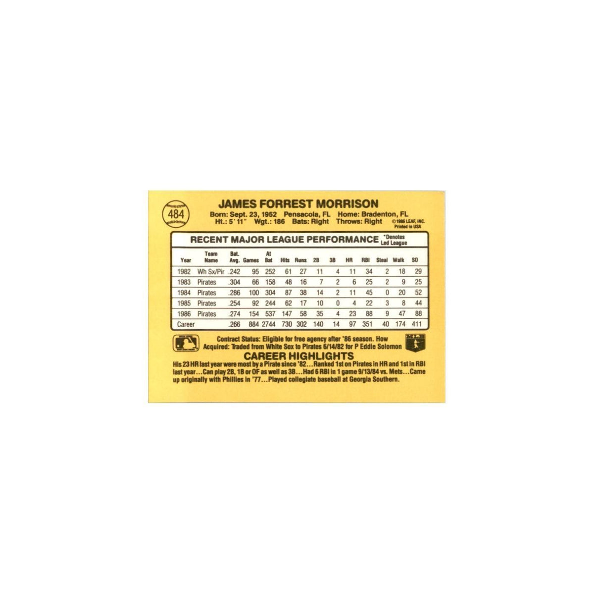1987 Donruss Jim Morrison Baseball Cards #484