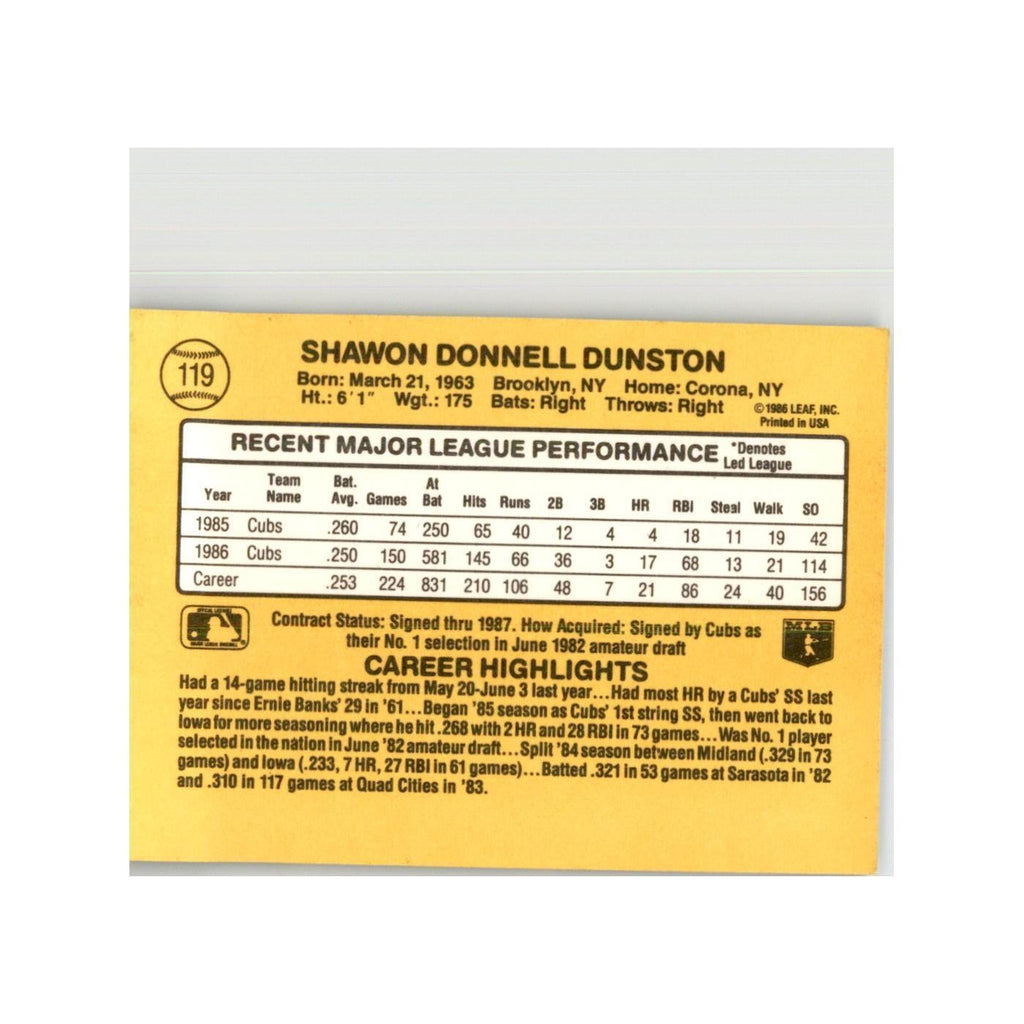1987 Donruss Shawon Dunston Baseball Cards #119