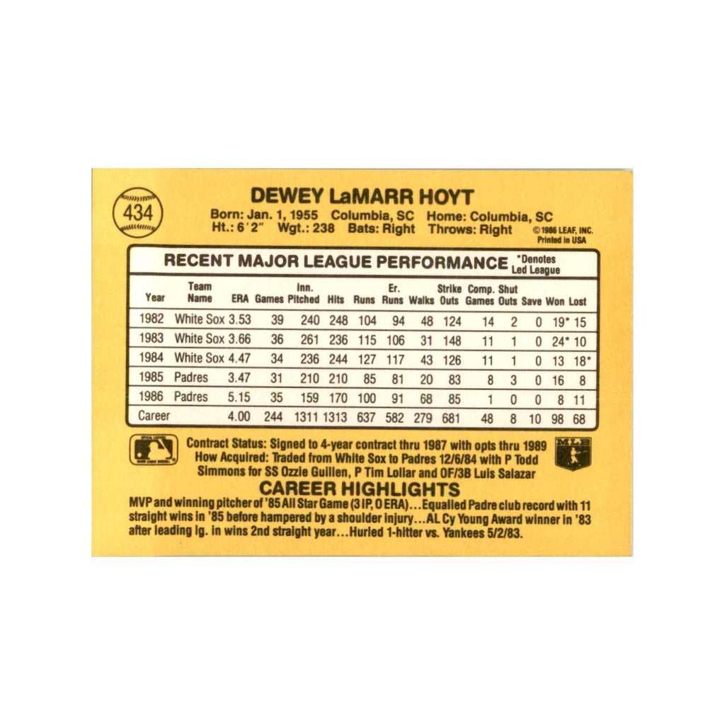 1987 Donruss LaMarr Hoyt Baseball Cards #434