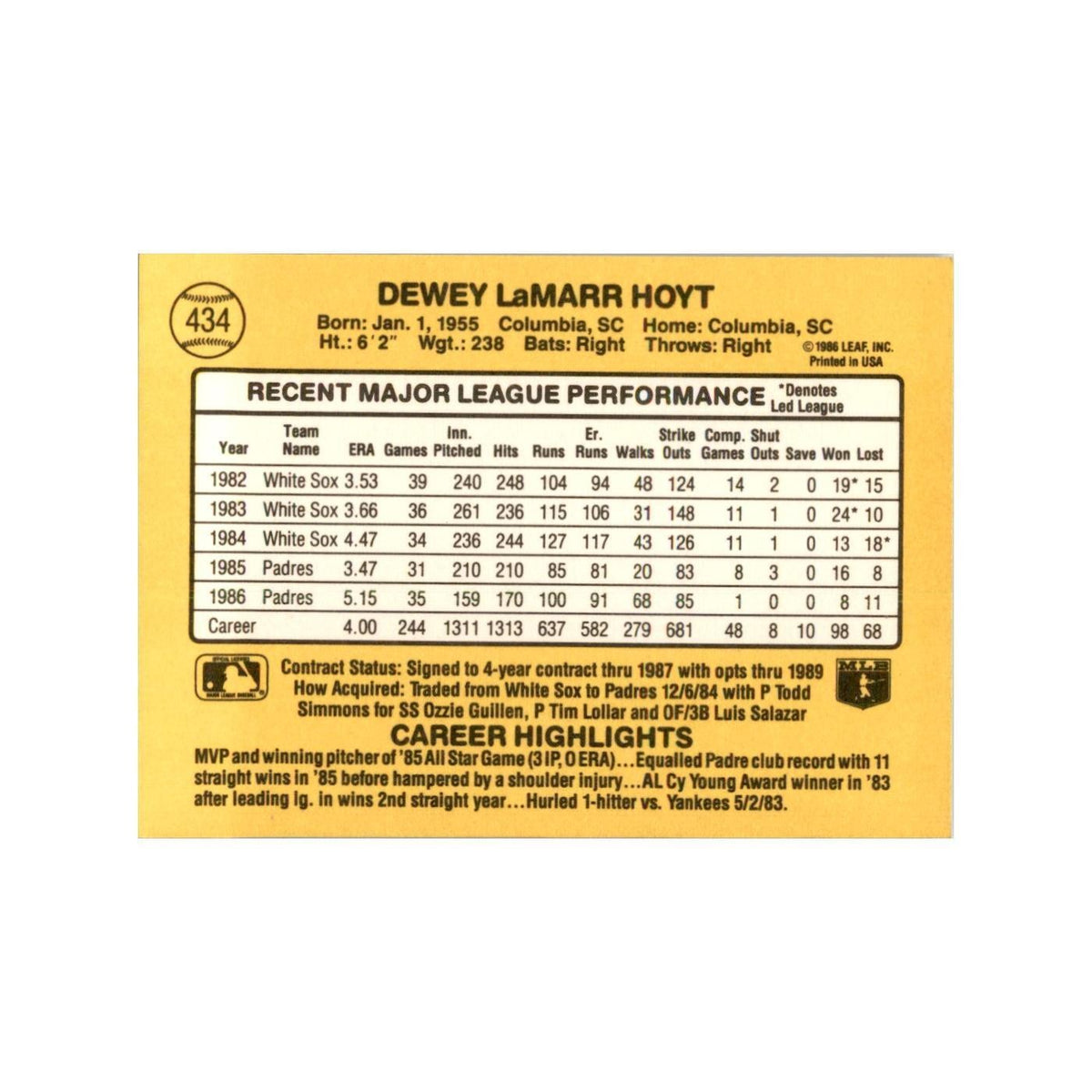 1987 Donruss LaMarr Hoyt Baseball Cards #434