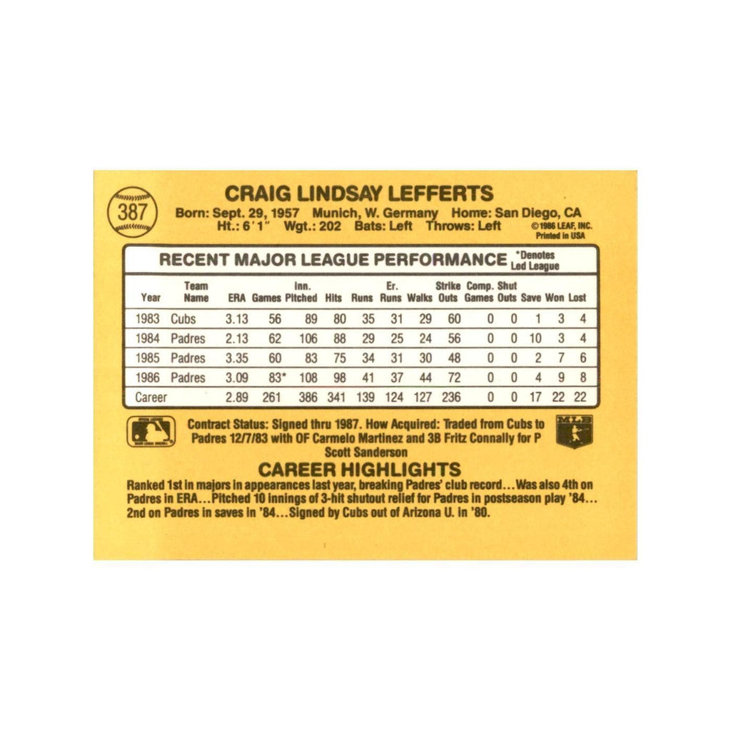 1987 Donruss Craig Lefferts Baseball Cards #387