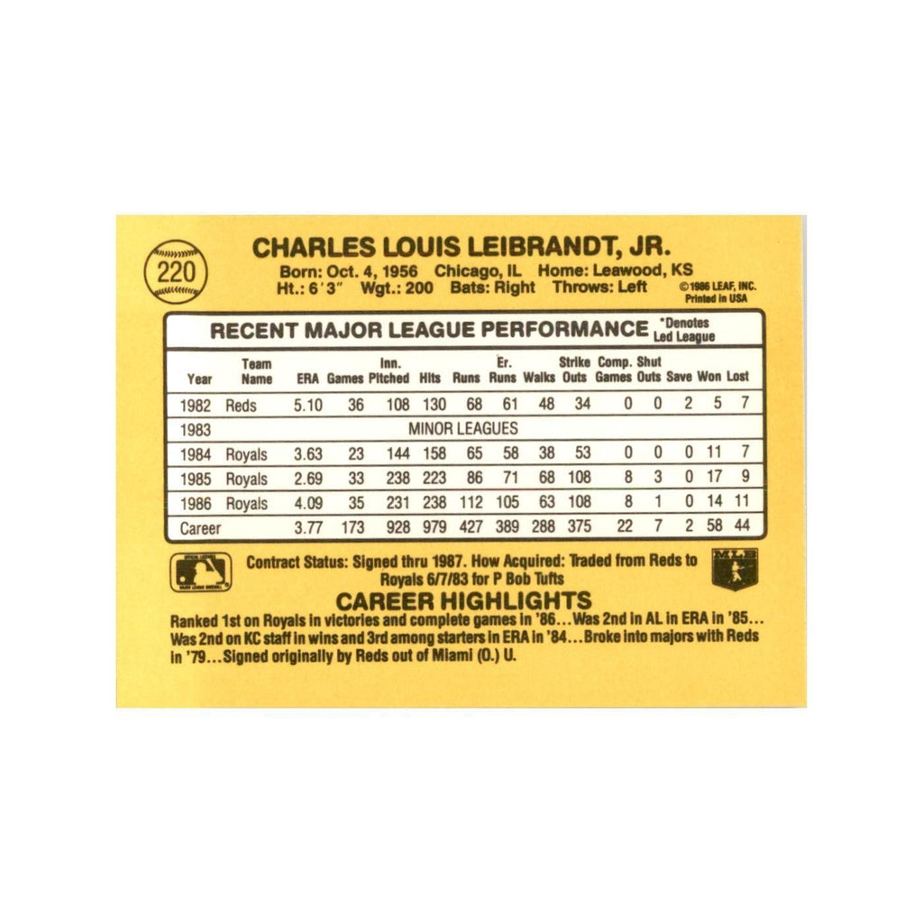 1987 Donruss Charlie Leibrandt Baseball Cards #220