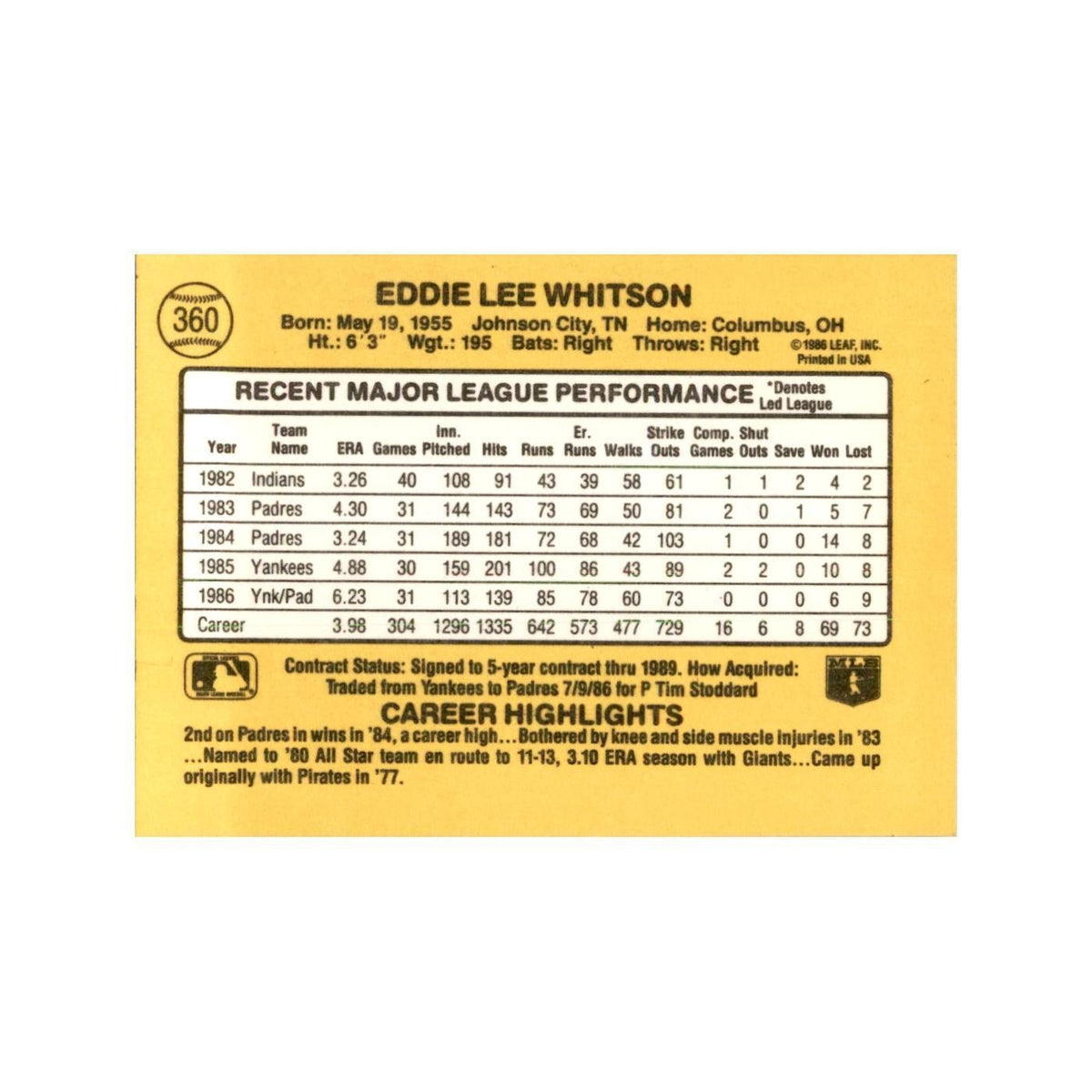 1987 Donruss Ed Whitson Baseball Cards #360
