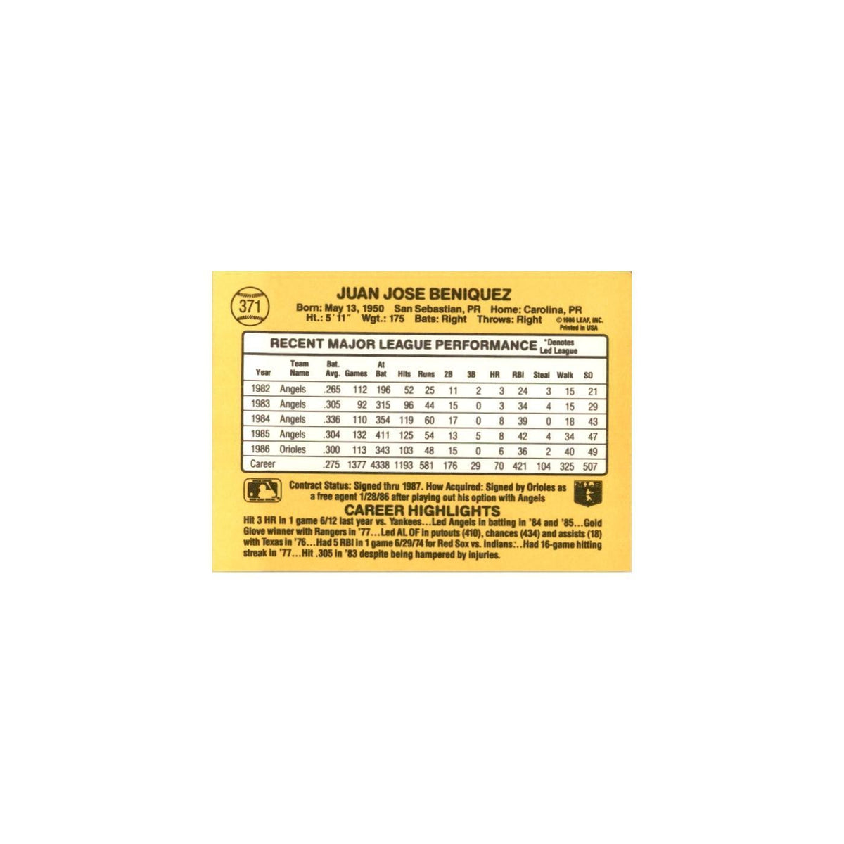 1987 Donruss Juan Beniquez Baseball Cards #371